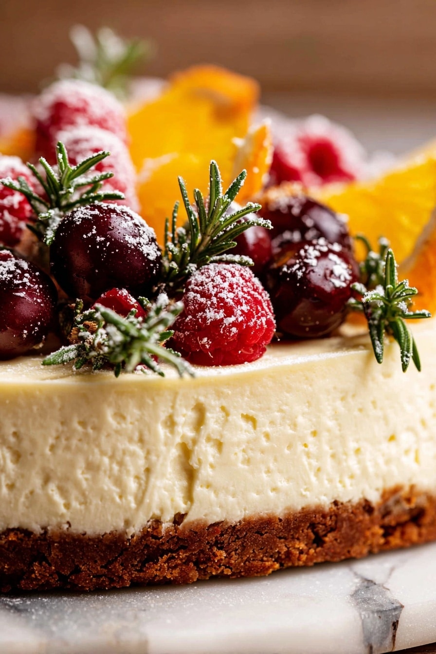 A square slice of dessert is on a white plate, placed on a white marbled surface. The dessert has three layers: the bottom is a crumbly light brown crust, the middle is a thick creamy pale yellow layer, and the top is a white fluffy layer with bits of red fruit inside. On top of the dessert, there are fresh red raspberries, blackberries, and dark blueberries, all lightly dusted with powdered sugar. Sprigs of green rosemary decorate the top and the plate, adding a fresh look. A golden fork rests beside the dessert on the plate. The photo taken with an iphone --ar 2:3 --v 7 - Christmas No-Bake Cheesecake Slab, easy holiday cheesecake, festive no-bake dessert, Christmas dessert ideas, creamy cheesecake with berries
