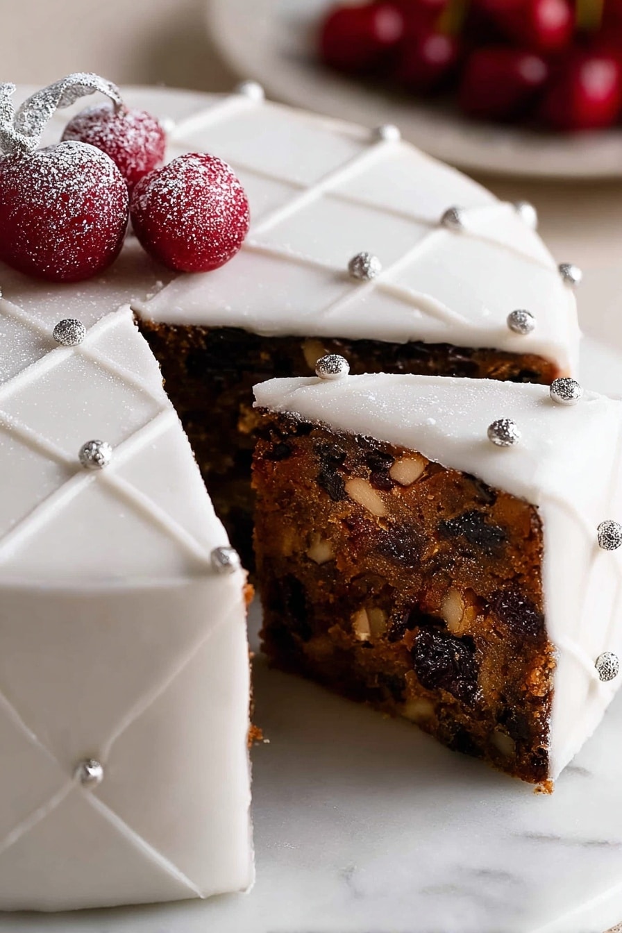 The image shows a close-up of a dark brown fruit cake with one large slice removed from the round cake, revealing a dense, textured inside filled with pieces of nuts and dried fruits. The cake is covered in a smooth white icing layer decorated with evenly spaced small silver balls forming a diamond pattern on the sides. On top of the slice, there is a red cherry dusted lightly with powdered sugar, and more cherries are visible blurred in the background. The cake sits on a white marbled surface. Photo taken with an iphone --ar 2:3 --v 7 - Easy Moist Christmas Fruit Cake, Christmas Fruit Cake Recipe, Moist Fruit Cake, Holiday Fruit Cake, Festive Christmas Dessert