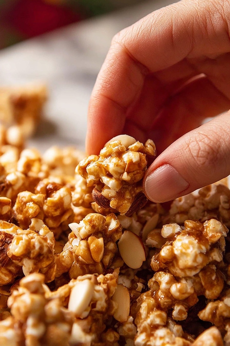 A close-up image showing a woman's hand picking up a piece of caramel-coated popcorn mixed with slivered almonds. The popcorn is covered in a golden-brown caramel-like coating with a slightly glossy texture and visible specks of cinnamon or spice. The popcorn clusters are dense and irregular in shape, and the slivered almonds add a creamier, pale beige color contrast throughout. The background is softly blurred, showing more of the same popcorn mixture on a white marbled surface. Photo taken with an iphone --ar 2:3 --v 7 - Christmas Spiced Caramel Popcorn, festive caramel popcorn, holiday spiced popcorn, Christmas treat popcorn, homemade festive snack