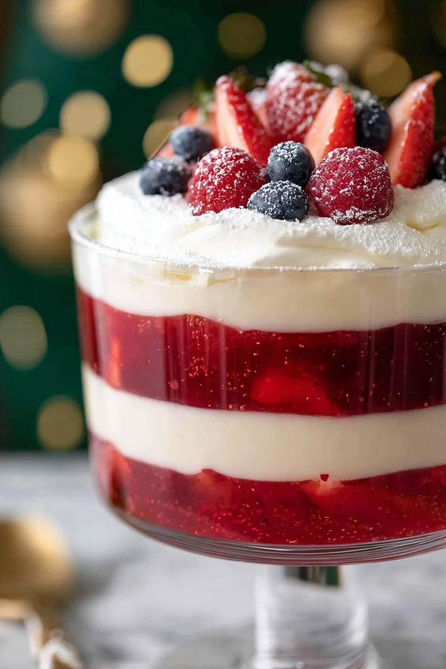 A white bowl holds a layered dessert with four clear layers: the bottom is soft cream with a smooth texture, above it is a thick red fruit jelly, then a layer of fluffy white cream, topped with fresh berries including red raspberries, blueberries, and halved strawberries, dusted lightly with powdered sugar and garnished with a small green mint leaf on the side. A spoon with a portion of the dessert, showing all layers mingled together, rests inside the bowl against a white marbled background. Photo taken with an iphone --ar 2:3 --v 7 - Festive Cranberry Trifle, Cranberry-Trifle with Fresh Berries, Holiday Trifle Dessert, Easy Cranberry Fruit Dessert, Christmas Trifle Idea