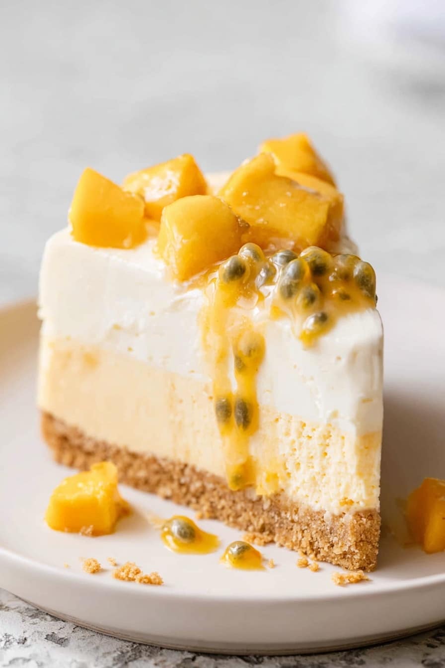 A slice of cake with three visible layers rests on a white plate with a white marbled background. The bottom layer is a light brown crust with a crumbly texture. The middle layer is bright yellow and smooth. The top layer is white and fluffy, topped with small cubes of yellow fruit and glossy orange passionfruit seeds scattered over and slightly dripping down the sides. A piece of the yellow fruit lies beside the cake slice on the plate. photo taken with an iphone --ar 2:3 --v 7 - No Bake Mango Cheesecake, Mango Cheesecake, No Bake Dessert, Tropical Fruit Cheesecake, Easy Mango Cheesecake