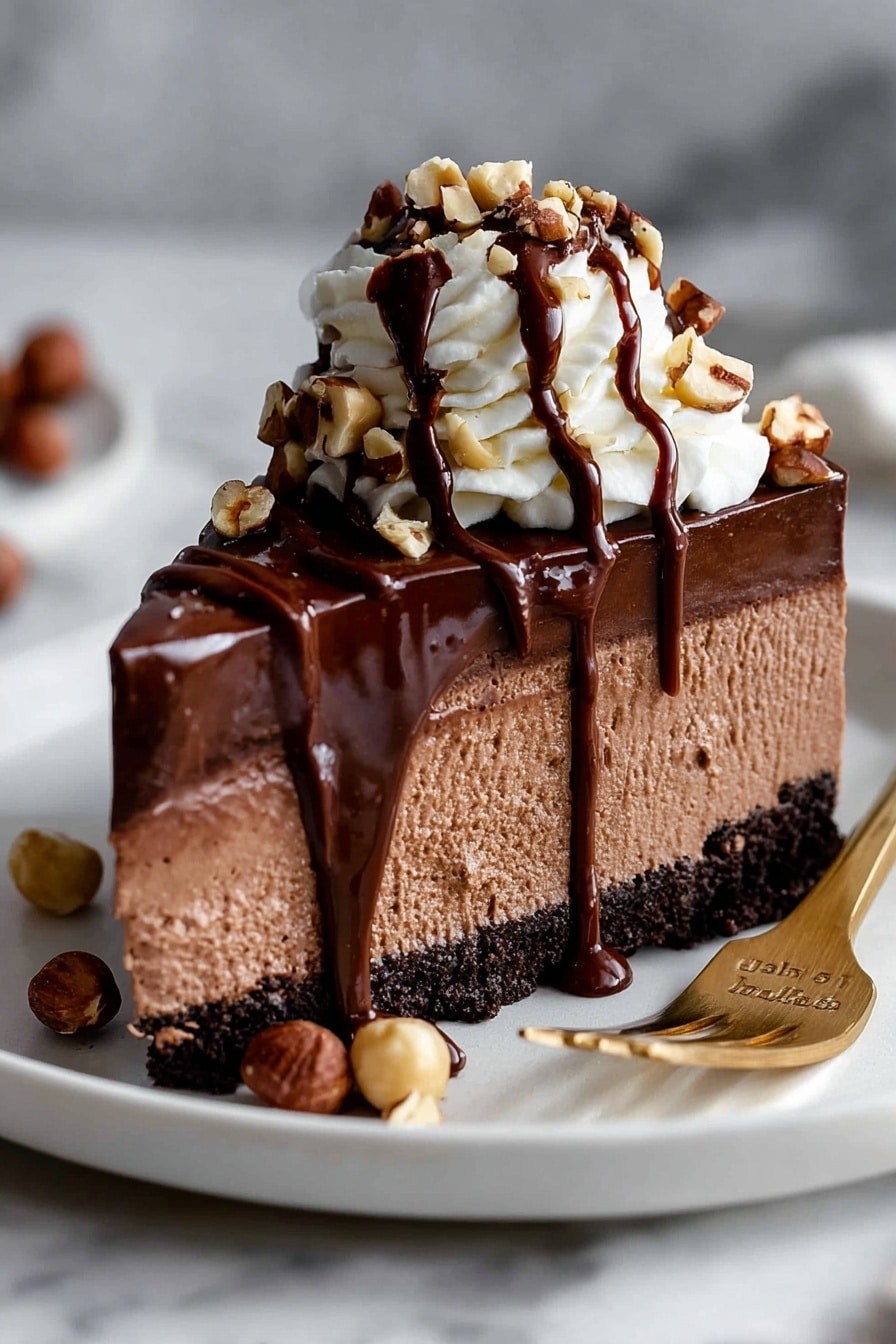 A round chocolate mousse cake with three clear layers: a dark brown crumbly chocolate crust at the bottom, a thick middle layer of smooth light brown chocolate mousse, and a shiny dark chocolate glaze on top. Around the edge of the cake, there are twelve white cream dollops, each drizzled with thin lines of dark chocolate. Small chopped nuts are scattered on the top glaze and around the base of the cake. One slice is removed, showing the clean, creamy layers inside. In the background, there is a white stack of plates with the same type of cake slice on top, all placed on a white marbled surface. Photo taken with an iphone --ar 2:3 --v 7 - No-Bake Nutella Cheesecake, easy Nutella dessert, no-bake cheesecake recipe, creamy Nutella cheesecake, no-bake dessert ideas