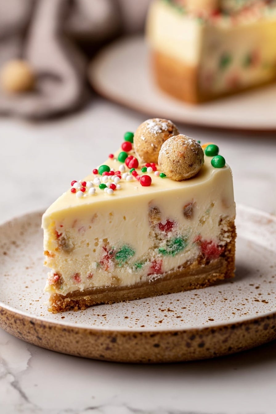 The dessert shows a slice of cake with three clear layers sitting on a white plate with brown speckles. The bottom layer is a light brown cookie crust with colorful red, green, and white bits inside. Above it is a creamy cheese layer with more of the same colorful bits scattered throughout, looking smooth and thick. The top layer is a smooth, thick frosting in pale yellow, decorated with small round red, green, and white sprinkles, along with tiny cookie balls on top. The background and surface have white marbled texture, and there is a blurred plate with another slice in the background. A golden decoration and a fork rest by the plate near the cake slice. photo taken with an iphone --ar 2:3 --v 7 - Sugar Cookie Cheesecake, sugar cookie cheesecake recipe, best sugar cookie cheesecake, easy sugar cookie cheesecake, creamy cheesecake with sugar cookies
