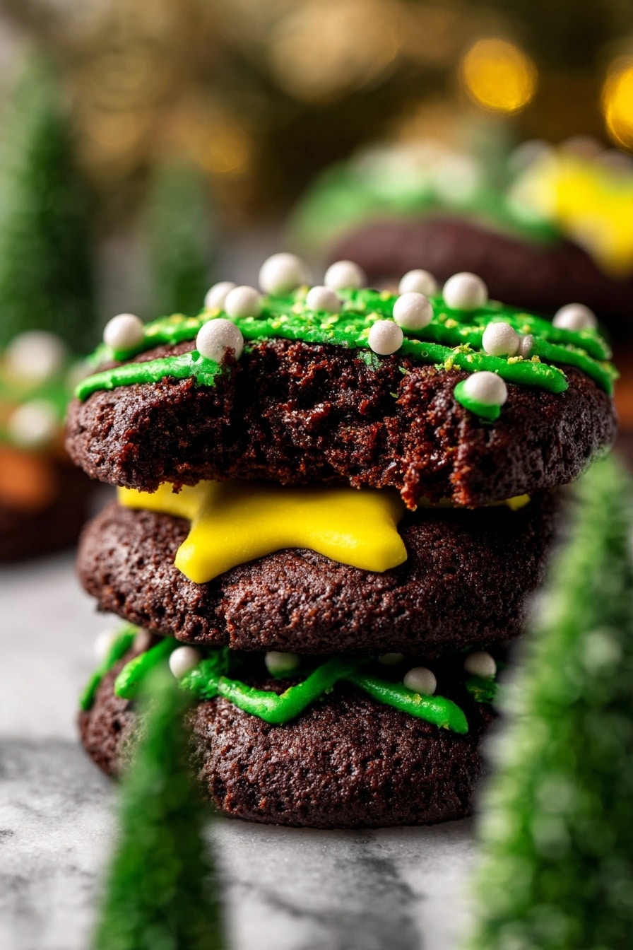 The image shows several round dark brown cookies with a rough texture, each decorated with bright green icing in wavy lines across the top and small white pearl-like dots evenly placed on the green icing. Each cookie also has a small yellow star decoration near one edge and occasional tiny red shapes partially visible. One cookie in the center has a bite taken out, revealing a dense, chewy inside. The cookies are placed closely together on a wooden surface with a small gold glittery Christmas ornament nearby, adding a festive touch. Photo taken with an iphone --ar 2:3 --v 7 - Christmas Tree Cookie, Christmas Tree Cookie Recipe, holiday cookies, festive cookie ideas, chocolate Christmas cookies