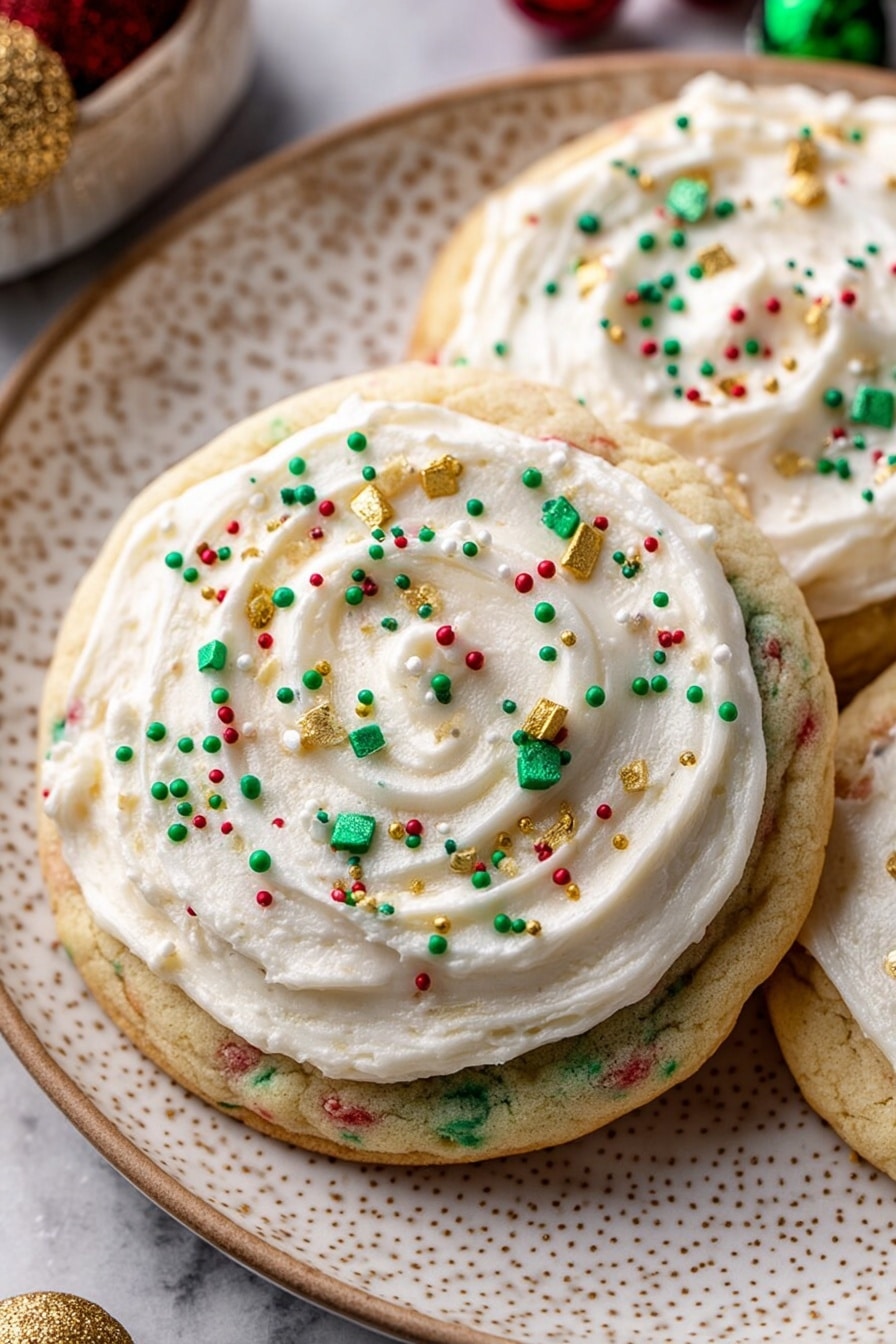 The image shows three soft cookies with one stacked on top of the other two, which are side by side. Each cookie has two layers: a thick, light golden base with scattered red and green bits, and a thick, creamy white frosting on top. The frosting is swirled smoothly and sprinkled with small, round, red, green, white, and gold dots for decoration. The cookies are placed on a white marbled surface that contrasts with their warm colors. In the background, more cookies are visible, adding depth to the image. Photo taken with an iphone --ar 2:3 --v 7 - Christmas Sugar Cookies with Whipped Frosting, festive holiday cookies, Christmas cookie recipes, soft and chewy sugar cookies, holiday baking treats