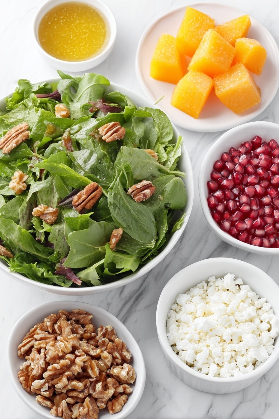 Flat lay of fresh spring mix salad greens loosely piled on a white ceramic plate, two peeled and chopped orange persimmons in neat chunks on a separate white ceramic dish, a small mound of coarsely chopped walnuts beside them, a small white bowl filled with bright red pomegranate seeds, crumbled white feta cheese scattered artfully on another white ceramic dish, and a small white bowl containing golden honey mustard salad dressing, placed on a clean white marble surface, soft natural light, photo taken with an iPhone, professional food photography style, fresh ingredients, white ceramic bowls, no bottles, no duplicates, no utensils, no packaging --ar 2:3 --v 7 --p m7354615311229779997 - Festive Pomegranate Walnut Salad, holiday salad recipes, easy holiday salads, colorful fruit and nut salads, healthy holiday side dishes