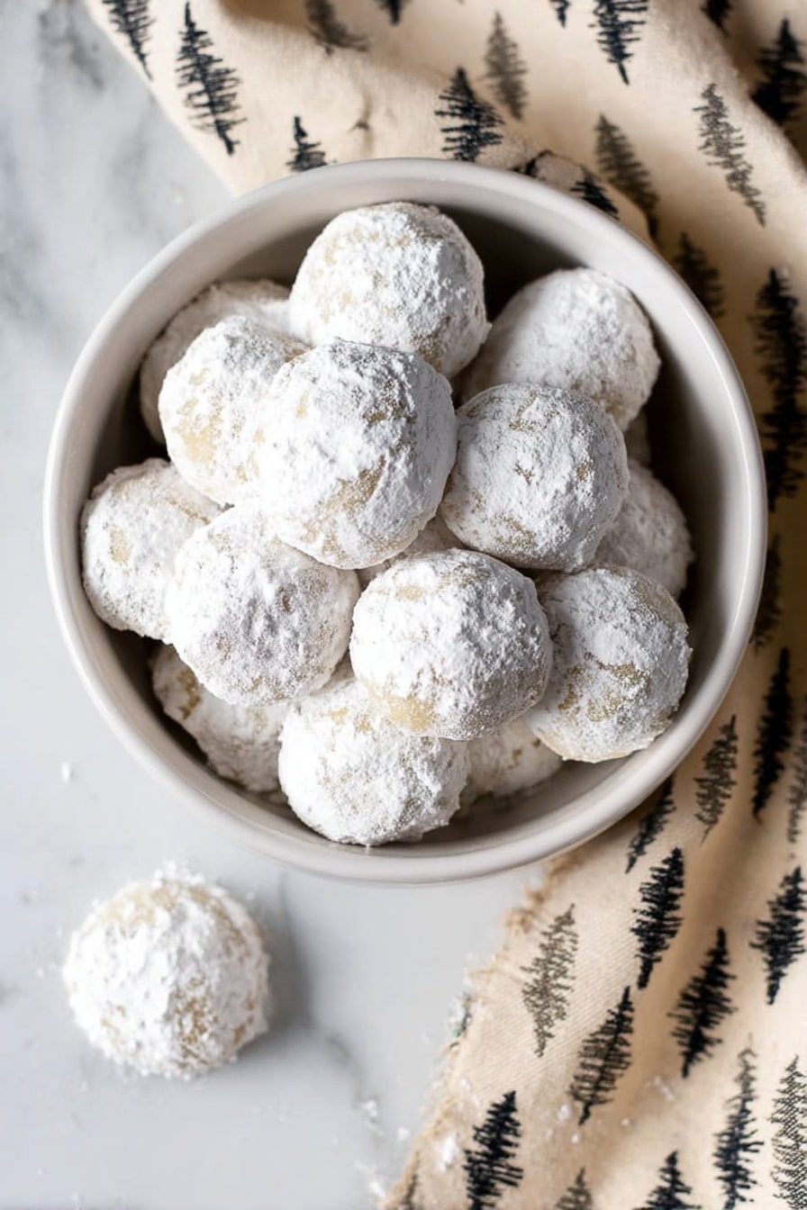 A white bowl filled with about fifteen small round cookies covered in white powdered sugar, showing a soft and slightly rough texture. The bowl sits on a white marbled surface with two cookies placed outside the bowl nearby, also dusted with powdered sugar. A beige cloth with a pattern of small black pine trees is partially visible under the bowl. The overall colors are light with the contrast of the black tree patterns on the cloth. Photo taken with an iphone --ar 2:3 --v 7 - Pecan Snowball Cookies, holiday cookies, buttery pecan cookies, melt-in-your-mouth cookies, easy Christmas treats