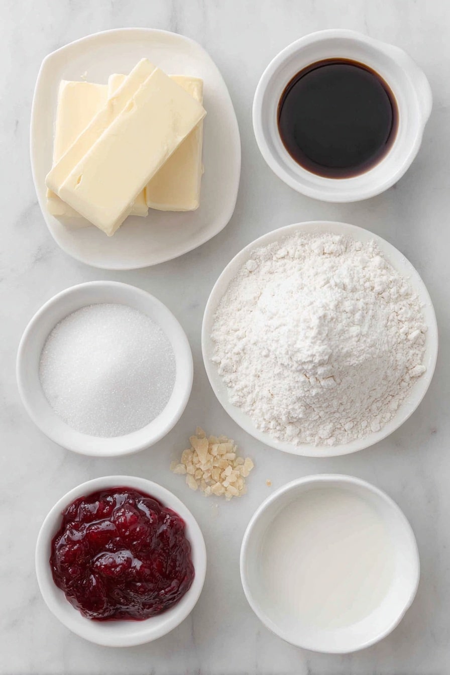 Flat lay of a small block of unsalted butter, a small white bowl filled with granulated sugar, a small white bowl holding pure vanilla extract, a few grains of sea salt scattered near, a small mound of all-purpose flour on a white ceramic plate, a small white bowl of vibrant red strawberry jam, a small white bowl of confectioners' sugar, a small white bowl with almond extract, and a small white bowl with milk, placed on a clean white marble surface, soft natural light, photo taken with an iPhone, professional food photography style, fresh ingredients, white ceramic bowls, no bottles, no duplicates, no utensils, no packaging --ar 2:3 --v 7 --p m7354615311229779997 - Jam Thumbprint Cookies, thumbprint cookie recipe, homemade jam cookies, buttery jam cookies, holiday cookie recipes