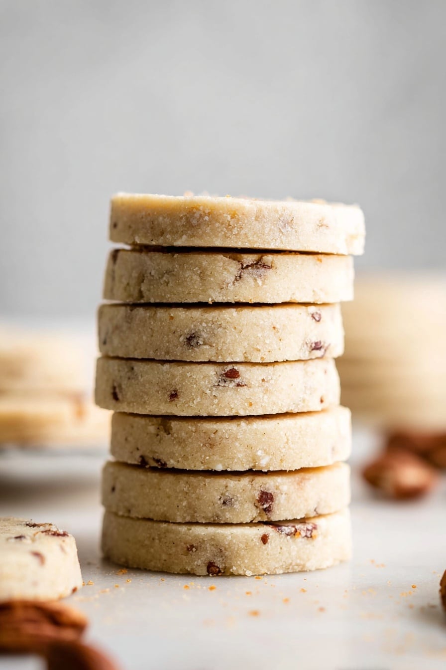 A stack of six round shortbread cookies is shown, each cookie light beige with small brown nut pieces scattered throughout. The cookies are thick and evenly shaped, neatly stacked one on top of another on a white marbled surface. The background is softly blurred, with hints of more cookies and scattered nuts in similar light brown tones but keeping the focus clearly on the clean, smooth edges and crumbly texture of the cookies in the middle. photo taken with an iphone --ar 2:3 --v 7 - Pecan Sandies Cookies, Pecan Sandies Cookies recipe, buttery shortbread cookies, pecan cookies recipe, holiday cookie ideas