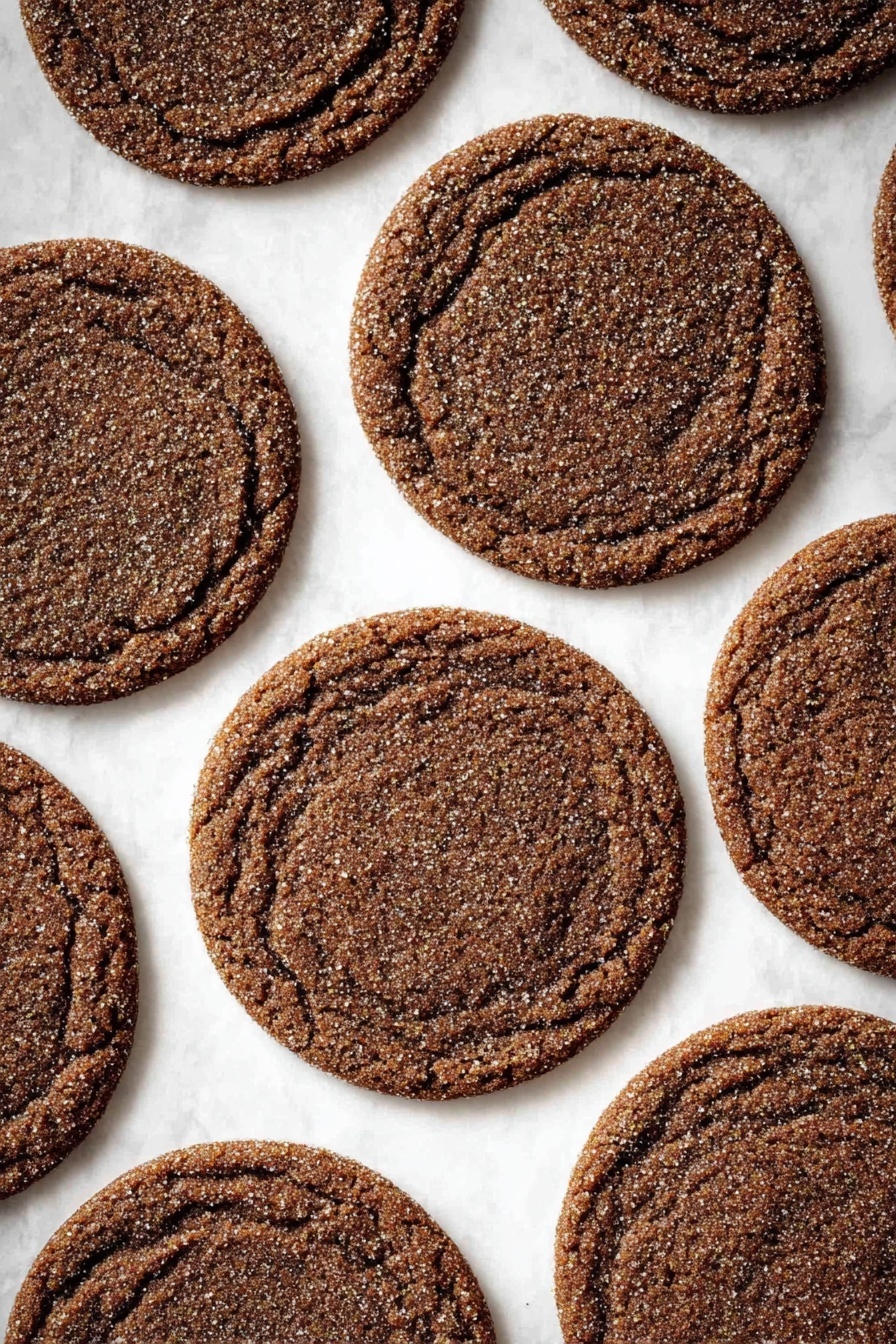Several round, flat cookies with a deep brown color and slightly cracked, rough texture lie spread out on a white marbled surface. The cookies are evenly spaced with visible sugar grains on top, showing a crispy outer edge and a softer center. The image is taken from above, capturing the uniform shape and size of the cookies, highlighting their homemade look. photo taken with an iphone --ar 2:3 --v 7 - Easy Gingersnap Cookies, ginger snap cookies, spiced cookies, holiday cookie recipe, crispy ginger cookies