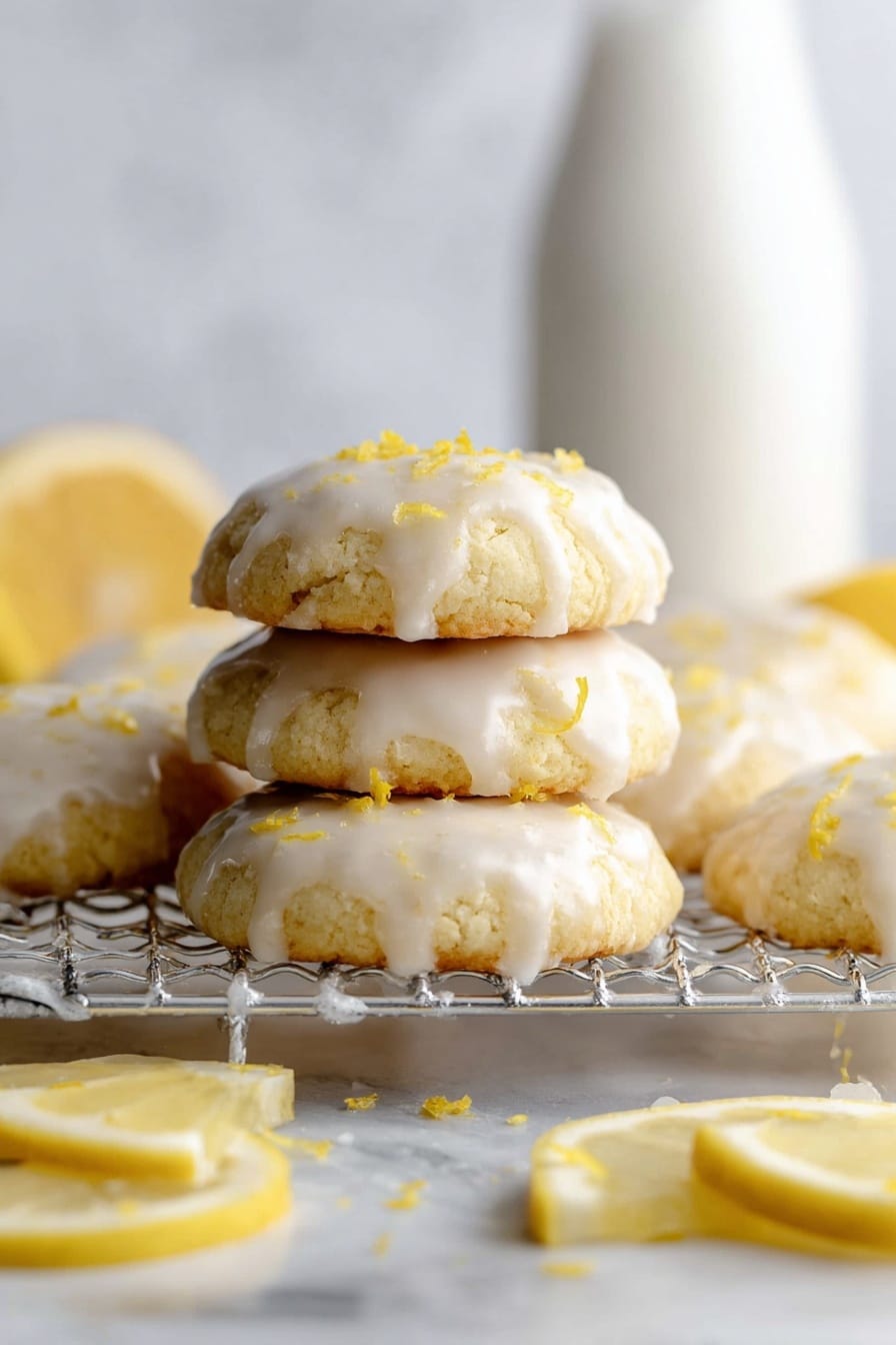 The image shows six soft lemon cookies on a white metal rack topped with shiny white glaze and small bits of yellow lemon zest. The cookies are round with a smooth but slightly bumpy texture and have a light golden color beneath the glaze. Around the rack are thin slices and small pieces of lemon placed on a white marbled surface. The background is softly blurred with a white bottle partly visible, giving a fresh and clean look. photo taken with an iphone --ar 2:3 --v 7 - Lemon Drop Cookies with Lemon Icing, Lemon Drop Cookies, Lemon Cookie Recipe, Citrus Cookies, Lemon Dessert