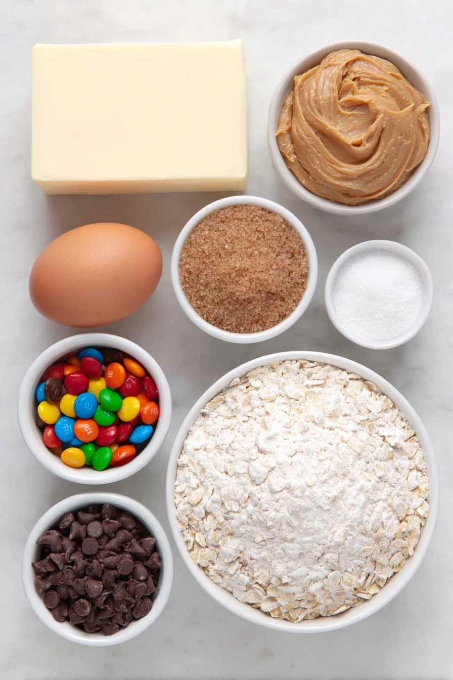 Flat lay of a small square of unsalted butter softened to room temperature, a small white ceramic bowl of light brown sugar, a small white ceramic bowl of white sugar, a small mound of smooth creamy peanut butter, one large whole egg with a clean shell, a small white ceramic bowl of clear vanilla extract, a small white ceramic bowl filled with all-purpose flour, a small white ceramic bowl of old-fashioned rolled oats, a small white ceramic bowl containing fine baking soda powder, a small white ceramic bowl of fine salt, a small white ceramic bowl filled with colorful Christmas M&M's, and a small white ceramic bowl of mini semi-sweet chocolate chips, all arranged with perfect symmetry in realistic proportions, placed on a clean white marble surface, soft natural light, photo taken with an iPhone, professional food photography style, fresh ingredients, white ceramic bowls, no bottles, no duplicates, no utensils, no packaging --ar 2:3 --v 7 --p m7354615311229779997 - Christmas M&M Cookies, festive cookie recipes, holiday treat ideas, colorful Christmas cookies, easy Christmas cookie recipes