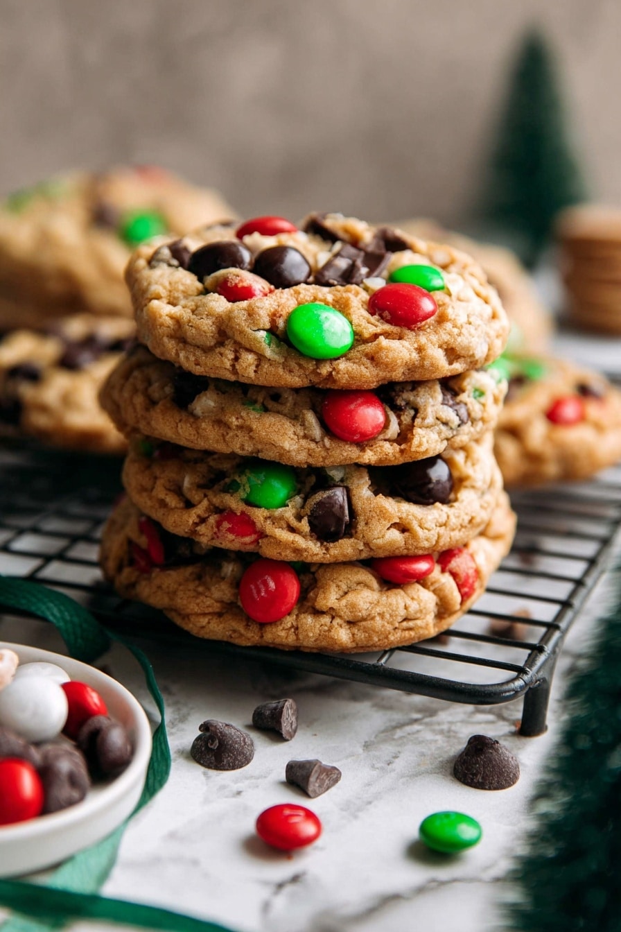 The image shows a stack of thick cookies on a black wire rack. The front cookie is large and round with a golden-brown rough texture, decorated with large, glossy red and green candy pieces and dark chocolate chunks spread unevenly on its surface. The stack of cookies fades into the blurred background, resting on a surface with a white marbled texture. Around the cookies are scattered dark chocolate chips, a few loose red and green candies, and a white bowl with some candies in it near the bottom left. A green ribbon and a small dark green decorative tree appear on the right side. The overall scene looks warm and festive, with soft natural lighting. photo taken with an iphone --ar 2:3 --v 7 - Christmas M&M Cookies, festive cookie recipes, holiday treat ideas, colorful Christmas cookies, easy Christmas cookie recipes
