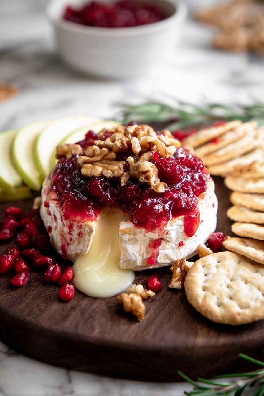 The image shows a soft round cheese on a dark wooden board, with its top layer cut open to reveal melted creamy cheese flowing out. On top of the cheese, there is a thick layer of bright red cranberry sauce with visible chunks, scattered with walnut pieces adding texture and color contrast. Around the cheese, there are red pomegranate seeds, several slices of greenish-yellow apple, and round cream-colored crackers arranged neatly on the right side. In the background, there is a white bowl with more cranberry sauce, and the whole scene is set on a white marbled surface with a sprig of rosemary adding a touch of green. photo taken with an iphone --ar 2:3 --v 7 - Cranberry Baked Brie Appetizer, cranberry cheese appetizer, easy holiday appetizer, baked brie with cranberry, festive cheese appetizer