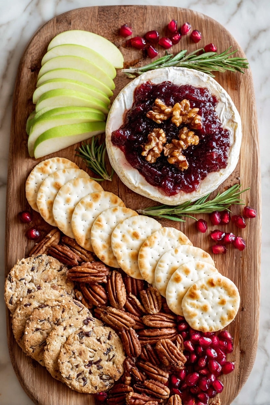 A wooden board on a white marbled surface holds a round cheese topped with dark red fruit sauce and walnut pieces, placed near the top right. To the left of the cheese, there are light green apple slices arranged in a fan shape. Below the apples, a row of six round white crackers with golden spots lies horizontally across the board. Beneath the crackers is a pile of brown pecan nuts, and below them, there are several round seeded crackers with visible seeds and grains. Sprigs of green rosemary and scattered red pomegranate seeds add detail around the edges. Photo taken with an iphone --ar 2:3 --v 7 - Cranberry Baked Brie Appetizer, cranberry cheese appetizer, easy holiday appetizer, baked brie with cranberry, festive cheese appetizer