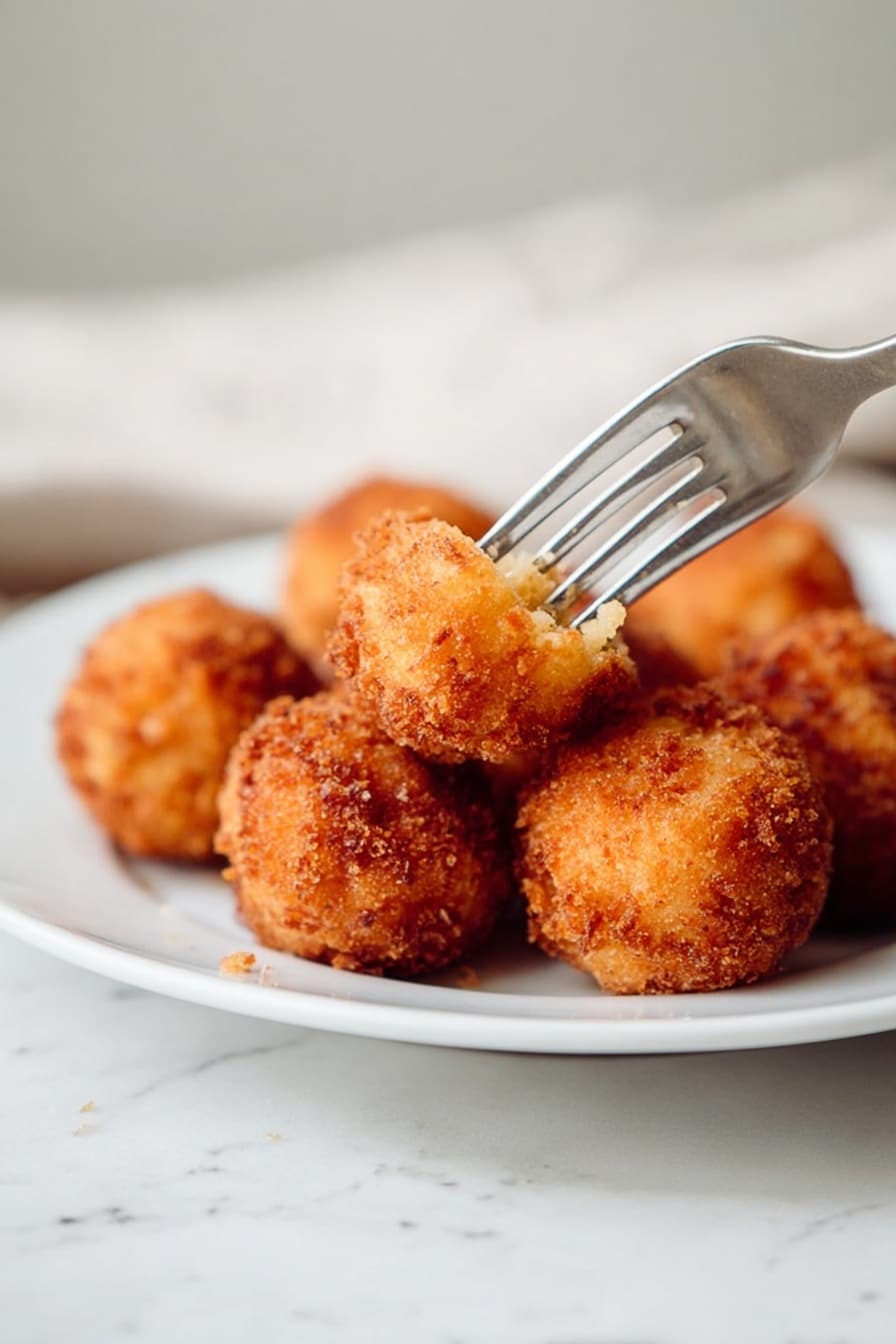 A white round plate holds fifteen golden-brown, crispy breaded balls arranged in a circular pattern with some inside the circle. The balls have a crunchy texture with uneven, crispy edges. Three silver forks are placed around the plate, one holding one of the balls. The plate is set on a white marbled surface with faint gray veins and small cracks visible. The lighting is soft and natural, highlighting the crunchy texture of the balls. photo taken with an iphone --ar 2:3 --v 7 - Crispy Fried Mac and Cheese Balls, cheesy appetizer, crunchy cheese bites, easy snack recipes, comfort food snacks