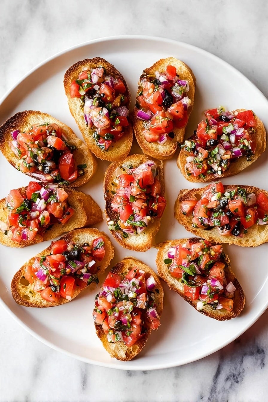 Four pieces of toasted bread with a rough, golden-brown crust sit in a row on a white plate against a white marbled background. Each toast has a layer of chopped fresh tomatoes mixed with small pieces of red onion and green herbs spread evenly on top, showing a mix of red, purple, and green colors. A woman's hand holds a silver spoon above the nearest toast, drizzling a thick dark sauce over the tomato topping. The focus is sharp on the front toast, with the others blurred in the background. Photo taken with an iphone --ar 2:3 --v 7 - Tomato Bruschetta with Balsamic Glaze, easy tomato appetizer, fresh bruschetta recipe, homemade tomato tapa, balsamic glazed bruschetta