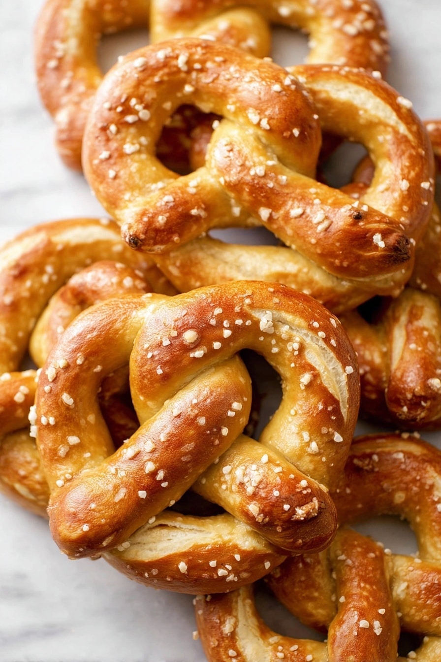 A group of golden brown soft pretzels piled on top of each other on a white marbled surface. Each pretzel has a smooth, shiny crust with a slight twist in the middle and is sprinkled with coarse salt crystals. The pretzels show some darker baked spots and have a slightly puffy texture, indicating they are soft inside. The shapes are rounded with thick loops and thin crossed ends, filling the frame closely. Photo taken with an iphone --ar 2:3 --v 7 - Salted Soft Pretzels, homemade pretzels, easy pretzel recipe, chewy pretzels, salty pretzels