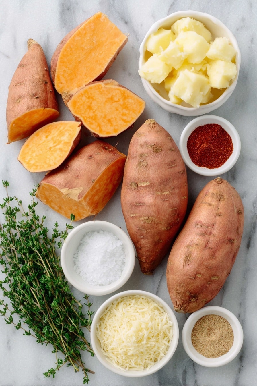 Flat lay of quartered fresh sweet potatoes with bright orange flesh, a small white bowl of melted golden butter, a small white bowl of coarse salt, a small white bowl of freshly ground black pepper, a small white bowl of vibrant red paprika powder, a small white bowl of mixed Italian seasoning herbs, a small white bowl of pale beige garlic powder, a small white bowl of finely grated pale yellow parmesan cheese, and a small bunch of fresh green thyme sprigs chopped, all arranged with perfect symmetry on a clean white marble surface, soft natural light, photo taken with an iPhone, professional food photography style, fresh ingredients, white ceramic bowls, no bottles, no duplicates, no utensils, no packaging --ar 2:3 --v 7 --p m7354615311229779997 - Crispy Smashed Sweet Potatoes Parmesan, crispy sweet potatoes, smashed sweet potato recipe, cheesy sweet potato sides, easy sweet potato recipes