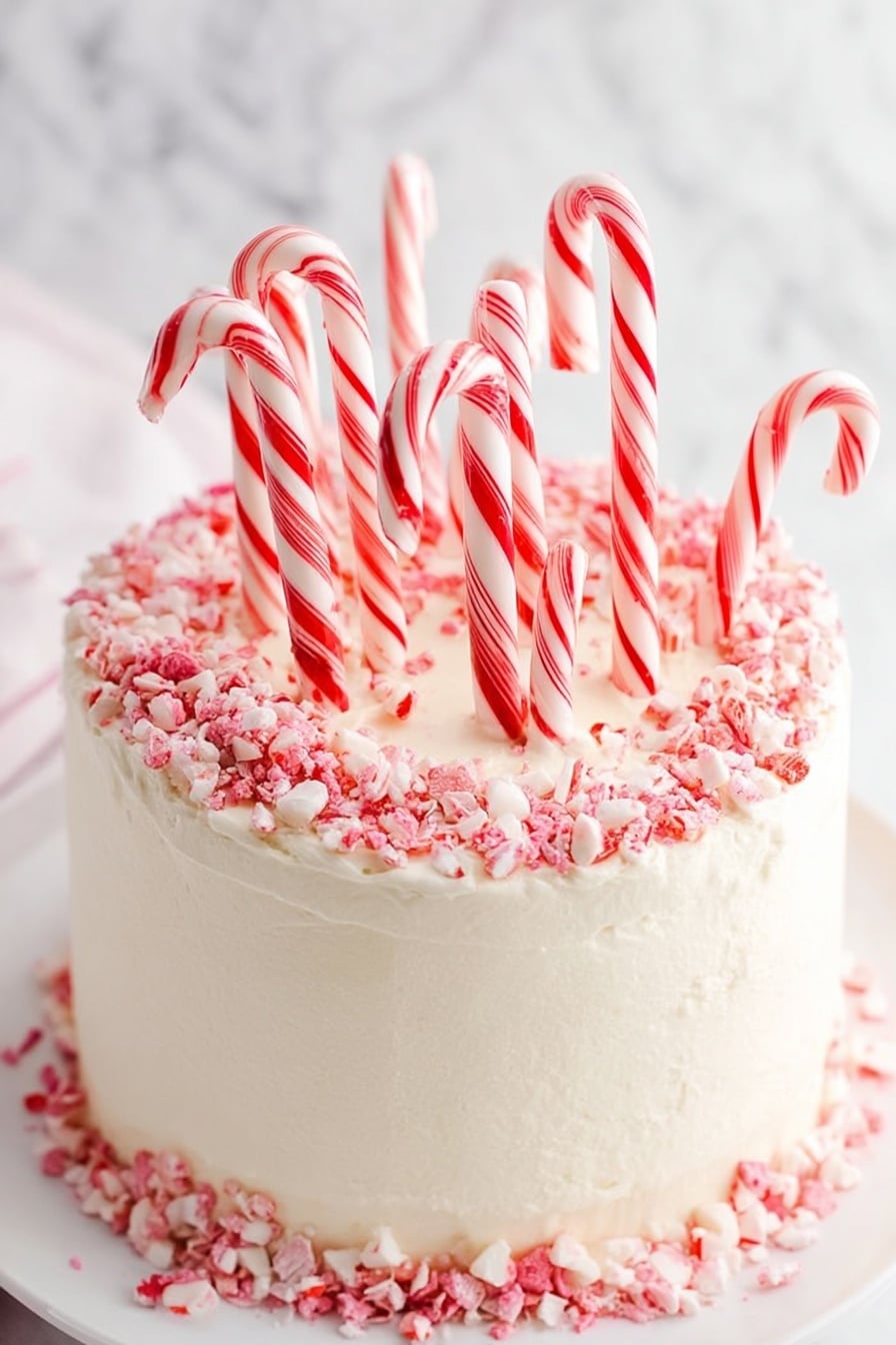 A tall, round cake with three layers of light golden sponge separated by thin layers of creamy white frosting. The outside of the cake is covered smoothly with white frosting. The top edge is decorated with crushed peppermint candy pieces in red and white, and large red and white striped candy canes stand upright on top, varying in height. The cake sits on a white plate with more crushed peppermint around the base, set on a white marbled surface with a pink cloth partially visible underneath. Photo taken with an iphone --ar 2:3 --v 7 - Candy Cane Layered Cake, festive peppermint cake, holiday layered dessert, peppermint Christmas cake, layered holiday cake