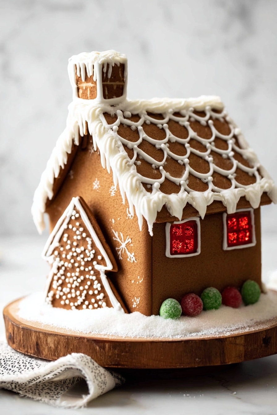 A gingerbread house sits on a round wooden base with a rough bark edge, covered in white powdered sugar to mimic snow. The house has two large side walls and a roof with scalloped white icing that looks like snow tiles, and a small chimney on top also covered with white icing. Each side wall has rectangular translucent red window panes bordered with white icing dots and lines. The corners of the front wall are decorated with alternating red and green round candies, and two red and white striped candy canes are placed on each side of the front door. The roof edges are lined with curly white icing, adding a detailed texture. The whole scene is on a white marbled surface. photo taken with an iphone --ar 2:3 --v 7 - Easy Gingerbread House, gingerbread house tutorial, holiday gingerbread craft, festive gingerbread decorating, homemade gingerbread house