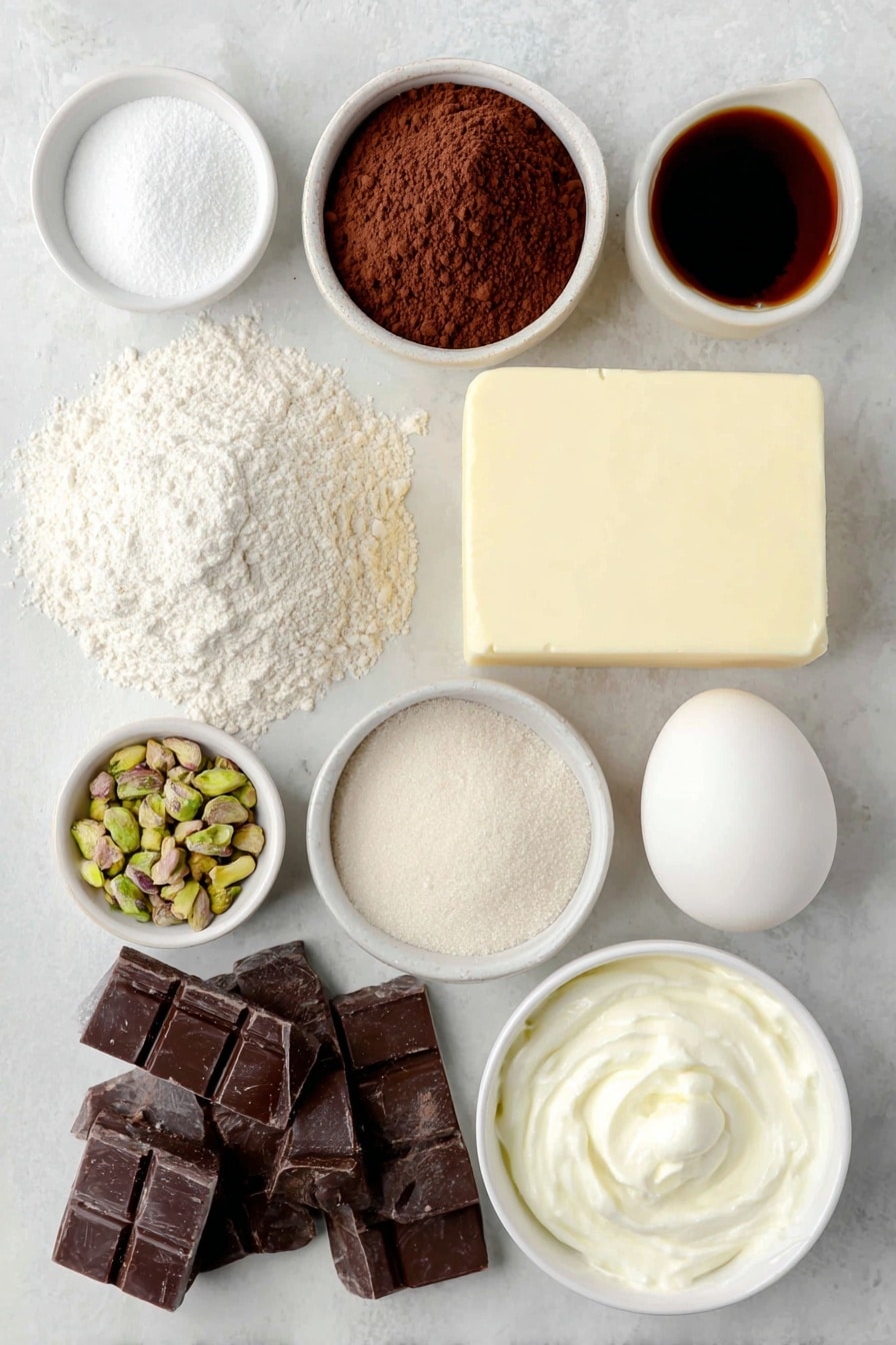 Flat lay of a small mound of all-purpose flour, a small heap of natural unsweetened cocoa powder, a pinch of baking powder, a pinch of salt, a generous slab of softened unsalted butter, a pile of light brown sugar, a smaller pile of granulated white sugar, one large whole egg with a clean shell, a small white bowl of vanilla extract, a small white bowl filled with granulated sugar for rolling, chopped semi-sweet chocolate chunks in a simple white ceramic bowl, a small white bowl of heavy whipping cream, and a small pile of chopped pistachios placed with perfect symmetry on a clean white marble surface, soft natural light, photo taken with an iPhone, professional food photography style, fresh ingredients, white ceramic bowls, no bottles, no duplicates, no utensils, no packaging --ar 2:3 --v 7 --p m7354615311229779997 - Chocolate Thumbprint Cookies with Pistachio Ganache, pistachio-filled chocolate cookies, easy chocolate thumbprint cookies, decadent pistachio ganache treats, homemade chocolate cookies