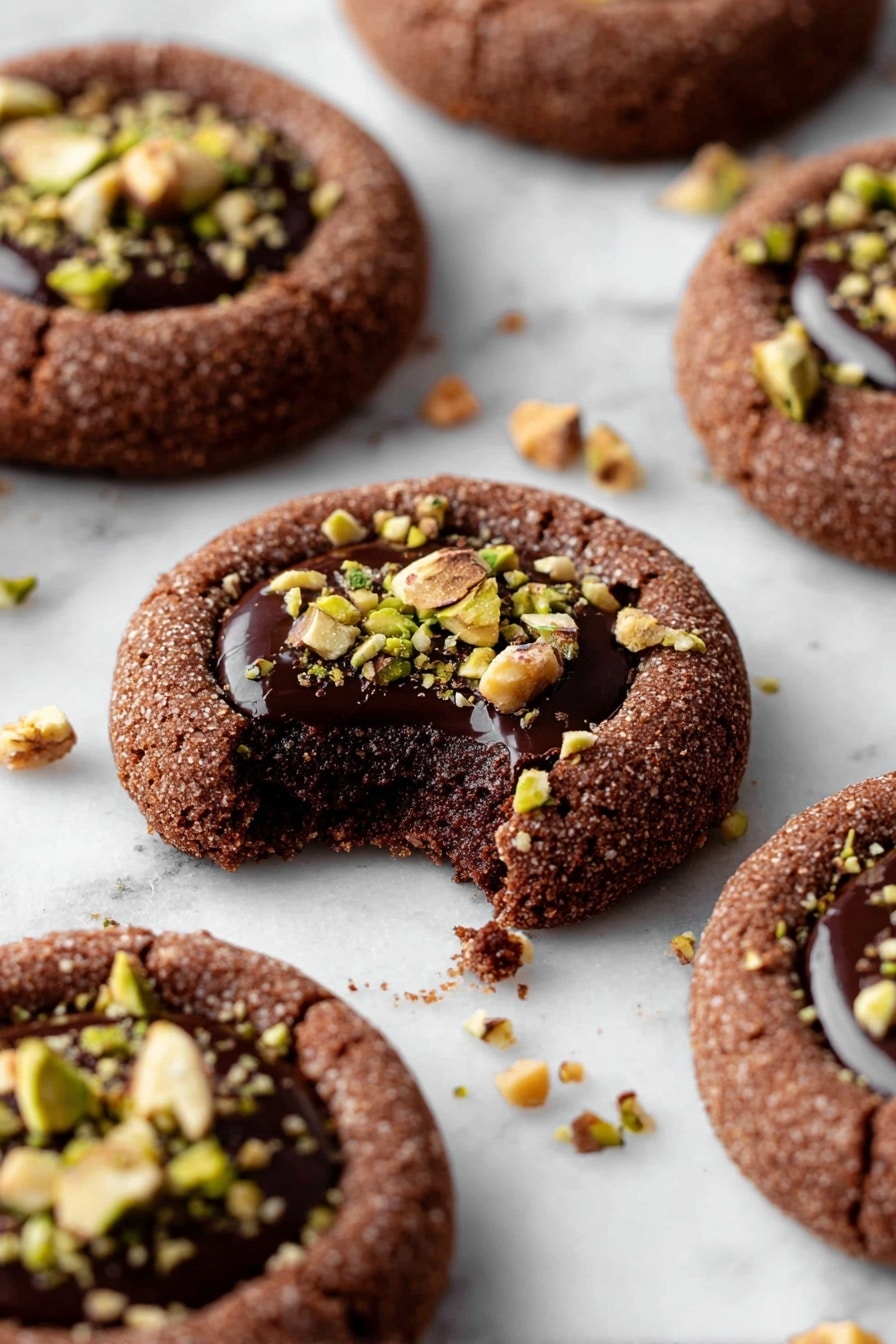 The image shows several round chocolate cookies on a white marbled surface. Each cookie has a thick rim that is rough in texture and dark brown in color. The center of each cookie holds a smooth, shiny dark chocolate layer topped with small pieces of green and light brown chopped nuts. One cookie in the foreground has a bite taken out of it, revealing a dense, moist interior of the dark chocolate center and crumbly outer part. Crumbs and nut pieces are scattered lightly around the cookies. photo taken with an iphone --ar 2:3 --v 7 - Chocolate Thumbprint Cookies with Pistachio Ganache, pistachio-filled chocolate cookies, easy chocolate thumbprint cookies, decadent pistachio ganache treats, homemade chocolate cookies
