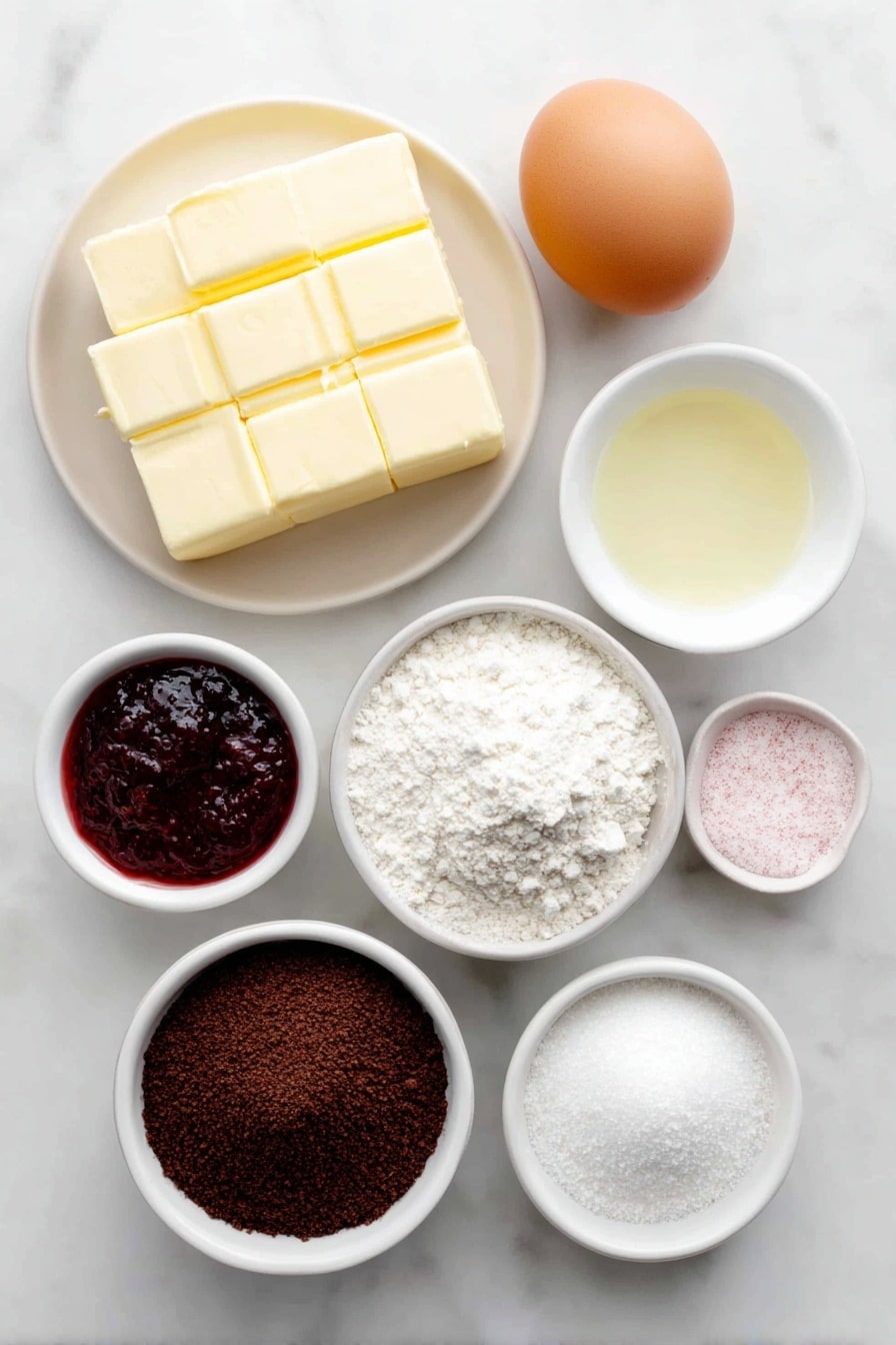 Flat lay of a few slabs of unsalted butter with a smooth surface, a small heap of white granulated sugar, one large brown egg with a clean shell, a small white bowl of vanilla extract, a small white bowl with almond essence, a simple pile of all purpose flour with a soft texture, a pinch of salt crystals, a small mound of baking powder, a small white bowl containing seedless strawberry jam shimmering with natural seeds, a small white bowl of pink gel food coloring, and a small pile of rich dark cocoa powder, all arranged in perfect symmetry on a simple white ceramic plate and bowls, placed on a clean white marble surface, soft natural light, photo taken with an iPhone, professional food photography style, fresh ingredients, white ceramic bowls, no bottles, no duplicates, no utensils, no packaging --ar 2:3 --v 7 --p m7354615311229779997 - Neapolitan Cookies with Strawberry and Chocolate Layers, layered cookie recipe, Neapolitan dessert cookies, strawberry chocolate layered cookies, colorful cookie slices