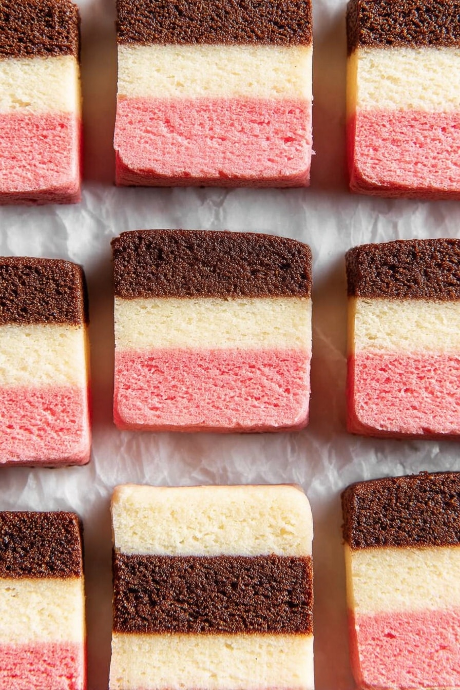 The image shows multiple rectangular cookies with three clear layers. The top layer is dark brown with a slightly rough texture, the middle layer is light cream and smooth, and the bottom layer is bright pink with a soft texture. The cookies are placed on crinkled white parchment paper over a white marbled surface. Some cookie crumbs are scattered around, adding a natural feel. The photo’s focus highlights the straight edges and distinct color layers of the cookies, which are evenly cut and arranged. Photo taken with an iphone --ar 2:3 --v 7 - Neapolitan Cookies with Strawberry and Chocolate Layers, layered cookie recipe, Neapolitan dessert cookies, strawberry chocolate layered cookies, colorful cookie slices