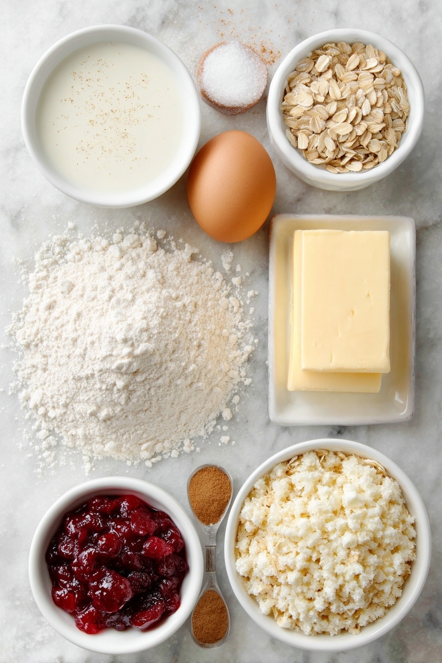 Flat lay of a small heap of all-purpose flour, a scattering of old-fashioned rolled oats, a neatly arranged teaspoon of ground cinnamon, a pinch of salt crystals, a small mound of light brown sugar, a cold pat of unsalted butter with visible texture, a whole smooth brown egg, a small white ceramic bowl filled with creamy milk, a small white ceramic bowl with deep red homemade cranberry sauce showing whole cranberries, and a small white ceramic bowl containing grated cold butter mixed with oats and brown sugar streusel, all ingredients fresh and natural, perfectly spaced and symmetrical on a clean white marble surface, soft natural light, photo taken with an iPhone, professional food photography style, fresh ingredients, white ceramic bowls, no bottles, no duplicates, no utensils, no packaging --ar 2:3 --v 7 --p m7354615311229779997 - Cranberry Sauce Muffins with Oat Streusel, cranberry muffin recipe, holiday cranberry muffins, easy cranberry breakfast muffins, moist cranberry muffins