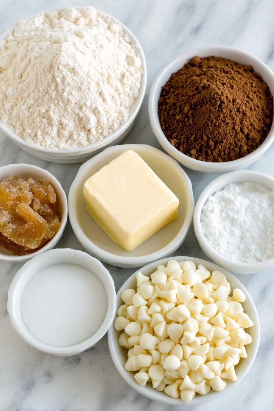 Flat lay of a small pat of fresh pale yellow butter, a small white ceramic bowl filled with packed dark brown sugar, a small white ceramic bowl with golden molasses, a small white ceramic bowl of smooth off-white pure vanilla extract, a flat mound of light all-purpose flour, a small white ceramic bowl containing warm golden ground ginger, a small white ceramic bowl of reddish-brown ground cinnamon, a small white ceramic bowl of fine white salt, a small white ceramic bowl with pure white confectioners' sugar, a small white ceramic bowl holding creamy heavy cream, and a small white ceramic bowl filled with glossy white chocolate chips placed on a clean white marble surface, soft natural light, photo taken with an iPhone, professional food photography style, fresh ingredients, white ceramic bowls, no bottles, no duplicates, no utensils, no packaging --ar 2:3 --v 7 --p m7354615311229779997 - Gingerbread Linzer Cookies with White Chocolate, holiday cookie recipes, Christmas cookie ideas, festive cookie recipes, white chocolate gingerbread cookies