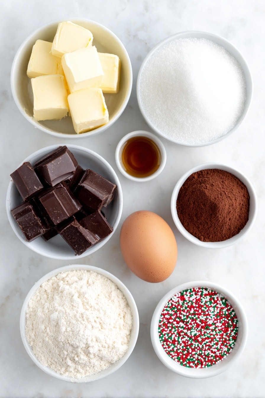 Flat lay of a few small cubes of pale yellow softened butter, a small white ceramic bowl filled with white granulated sugar, a small white ceramic bowl with fine light brown cocoa powder, a small white ceramic bowl holding all-purpose flour, one large whole egg with a clean shell, a small white ceramic bowl containing amber vanilla extract, a small white ceramic bowl filled with smooth semi-sweet dark chocolate chunks, and a small white ceramic bowl of colorful round sprinkles, all arranged symmetrically on a clean white marble surface, soft natural light, photo taken with an iPhone, professional food photography style, fresh ingredients, white ceramic bowls, no bottles, no duplicates, no utensils, no packaging --ar 2:3 --v 7 --p m7354615311229779997 - Chocolate Spritz Cookies with Chocolate Drizzle, chocolate spritz cookies, chocolate cookies, spritz cookie recipes, chocolate treats