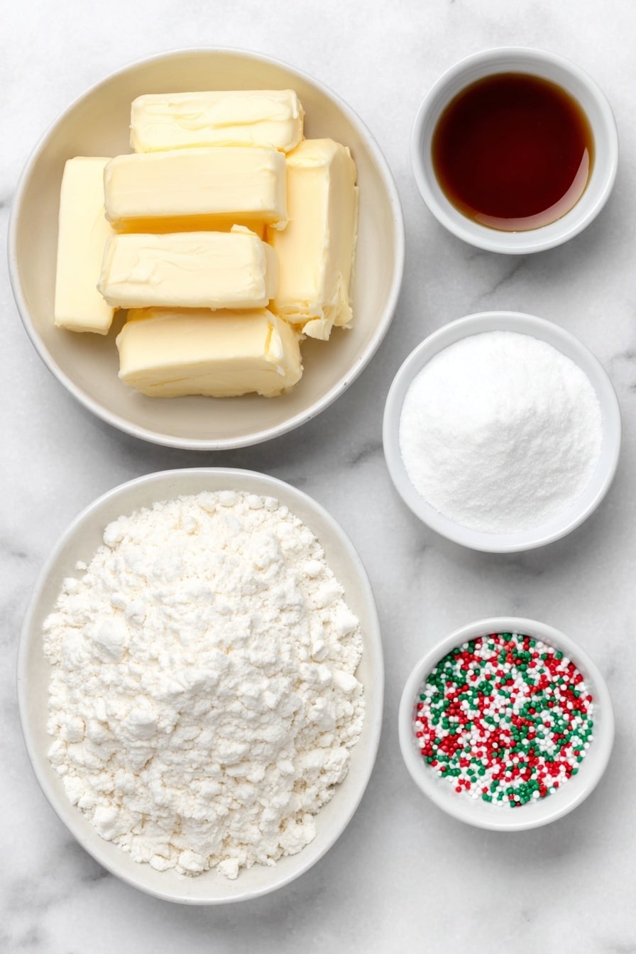 Flat lay of unsalted butter softened to a creamy texture, a small white bowl filled with fine confectioners' sugar, a small white bowl holding clear vanilla extract, a heap of all-purpose flour, a smaller mound of cornstarch, and a scattering of colorful Christmas sprinkles, all arranged symmetrically with perfect proportions on simple white ceramic dishes and bowls, placed on a clean white marble surface, soft natural light, photo taken with an iPhone, professional food photography style, fresh ingredients, white ceramic bowls, no bottles, no duplicates, no utensils, no packaging --ar 2:3 --v 7 --p m7354615311229779997 - Whipped Shortbread Cookies, melt-in-your-mouth shortbread, buttery cookies recipe, fluffy shortbread dough, holiday cookie recipes
