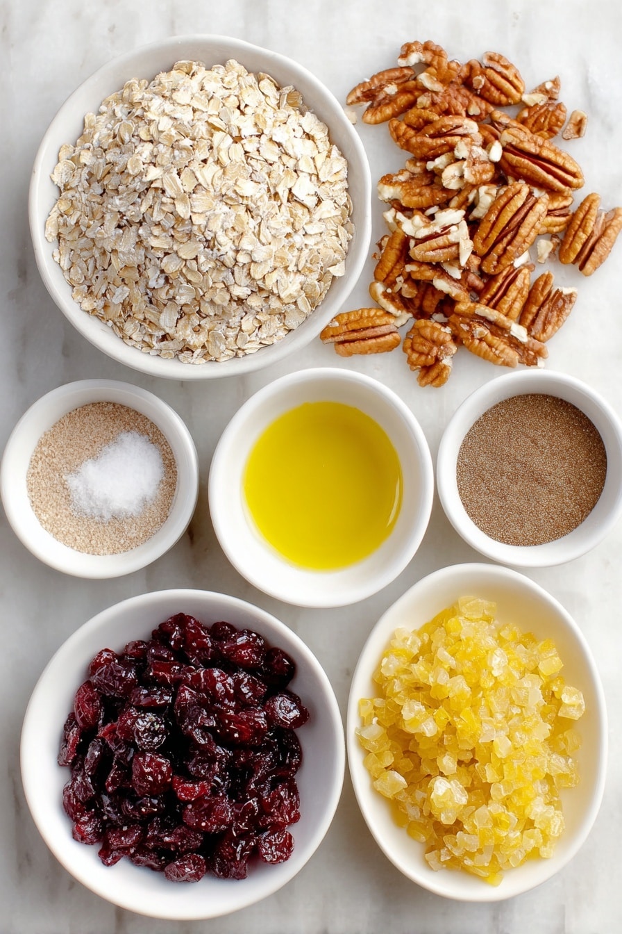 Flat lay of rolled oats in a small heap, loosely chopped pecans scattered beside almonds slivered into thin slices, a small white bowl with ground cinnamon powder, another small white bowl with ground ginger powder, a tiny white bowl filled with coarse salt, a small white bowl containing golden olive oil, a small white bowl with amber maple syrup, a small white bowl holding dark molasses, a small white bowl with clear vanilla extract, and a small pile of vibrant dried cranberries—all arranged symmetrically with balanced proportions, placed on a clean white marble surface, soft natural light, photo taken with an iPhone, professional food photography style, fresh ingredients, white ceramic bowls, no bottles, no duplicates, no utensils, no packaging --ar 2:3 --v 7 --p m7354615311229779997 - Gingerbread Granola, gingerbread granola recipe, cozy breakfast ideas, holiday granola, spiced granola