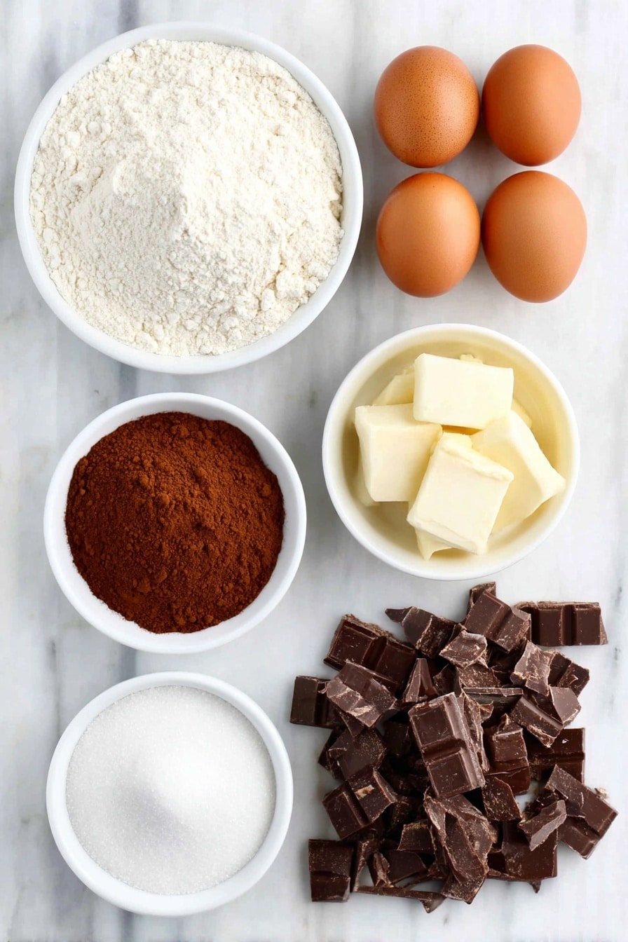 Flat lay of a small mound of all-purpose flour, a small mound of cornstarch, a small pile of rich cocoa powder, a pinch of fine salt, five whole brown eggs with clean shells, a small heap of granulated sugar, a small heap of confectioners' sugar, a small white ceramic bowl filled with vanilla extract, a small white ceramic bowl of heavy cream, a pile of roughly chopped semi-sweet chocolate chunks, all arranged in perfect symmetry on a clean white marble surface, soft natural light, photo taken with an iPhone, professional food photography style, fresh ingredients, white ceramic bowls, no bottles, no duplicates, no utensils, no packaging --ar 2:3 --v 7 --p m7354615311229779997 - Chocolate Yule Log Cake, festive chocolate roulade, holiday dessert idea, Christmas cake, easy Yule log recipe