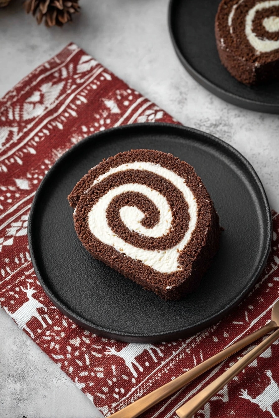 The image shows a slice of chocolate roll cake with a spiral of white cream in the middle, placed on a round black plate. The cake has two layers: a dark brown chocolate sponge forming the outer and inner swirl, and smooth white cream filling in between. The plate rests on a white marbled surface, next to a red cloth with white geometric and reindeer patterns. Part of a second black plate with another slice of cake is visible in the top right corner. Nearby, there are two metallic gold and bronze utensils lying on the surface. photo taken with an iphone --ar 2:3 --v 7 - Chocolate Yule Log Cake, festive chocolate roulade, holiday dessert idea, Christmas cake, easy Yule log recipe
