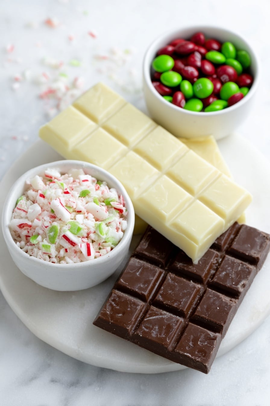 Flat lay of a large bar of smooth dark chocolate, a large bar of creamy white chocolate, a small white ceramic bowl filled with bright red and white crushed peppermint candy pieces, a small white ceramic bowl holding glossy red and green Christmas M&M's, all arranged symmetrically around each other, placed on a clean white marble surface, soft natural light, photo taken with an iPhone, professional food photography style, fresh ingredients, white ceramic bowls, no bottles, no duplicates, no utensils, no packaging --ar 2:3 --v 7 --p m7354615311229779997 - Chocolate Peppermint Bark, Christmas chocolate treat, festive holiday dessert, easy peppermint candy bark, homemade holiday chocolates