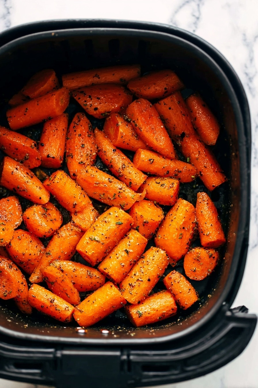 The image shows a black air fryer basket filled with cooked baby carrots. The carrots are cut into small pieces in simple shapes like chunks and halves, and they are evenly spaced in one layer inside the basket. They have a bright orange color with a slight shine from cooking oil and are seasoned with visible black pepper and herbs, giving them a textured look with dark specks on the surface. The close-up view highlights the orange carrots contrasting with the black basket, and the background has a white marbled texture. photo taken with an iphone --ar 2:3 --v 7 - Crispy Parmesan Air Fryer Carrots, air fryer carrot side dish, healthy vegetable recipes, easy air fryer vegetables, crunchy carrot recipes