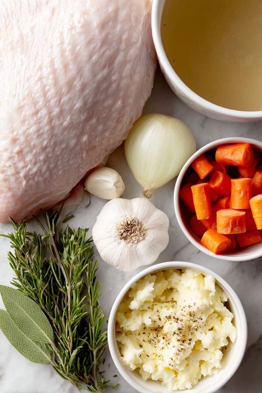 Flat lay of a whole boneless turkey breast roast with a natural pale pink color, a peeled onion quartered into four pieces, three whole garlic cloves with smooth white skin, three diced orange carrots cut into 2-inch chunks, a small white ceramic bowl of clear chicken broth, a fresh green rosemary sprig, a fresh green sage sprig, a small white ceramic bowl of softened pale yellow butter mixed with visible dried herbs and spices including garlic powder, dried onion flakes, salt, paprika, dried sage, dried rosemary, dried thyme, and black pepper, arranged in a balanced symmetrical composition on a clean white marble surface, soft natural light, photo taken with an iPhone, professional food photography style, fresh ingredients, white ceramic bowls, no bottles, no duplicates, no utensils, no packaging --ar 2:3 --v 7 --p m7354615311229779997 - Slow Cooker Herb Turkey Breast, turkey breast recipe, easy turkey dinner, juicy turkey breast, flavorful turkey dinner