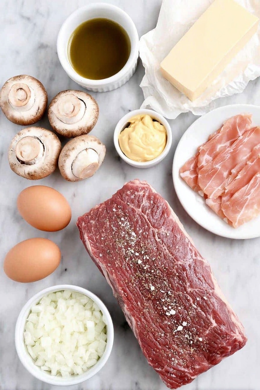 Flat lay of a whole raw beef tenderloin with a light sprinkling of salt and pepper on its surface, a small white bowl of golden olive oil, fresh whole Bella mushrooms scattered beside a small white bowl filled with finely chopped onion, three uncracked brown garlic cloves, six delicate slices of pink prosciutto arranged neatly on a simple white plate, a small white bowl containing smooth yellow mustard, a single sheet of pale, thawed puff pastry elegantly folded at the edges, and two whole uncracked brown eggs placed side by side in a small white bowl, all ingredients perfectly balanced and symmetrically arranged on a clean white marble surface, soft natural light, photo taken with an iPhone, professional food photography style, fresh ingredients, white ceramic bowls, no bottles, no duplicates, no utensils, no packaging --ar 2:3 --v 7 --p m7354615311229779997 - Beef Wellington, Beef Wellington with Mushroom Duxelles, elegant beef dish, holiday dinner ideas, gourmet beef recipes