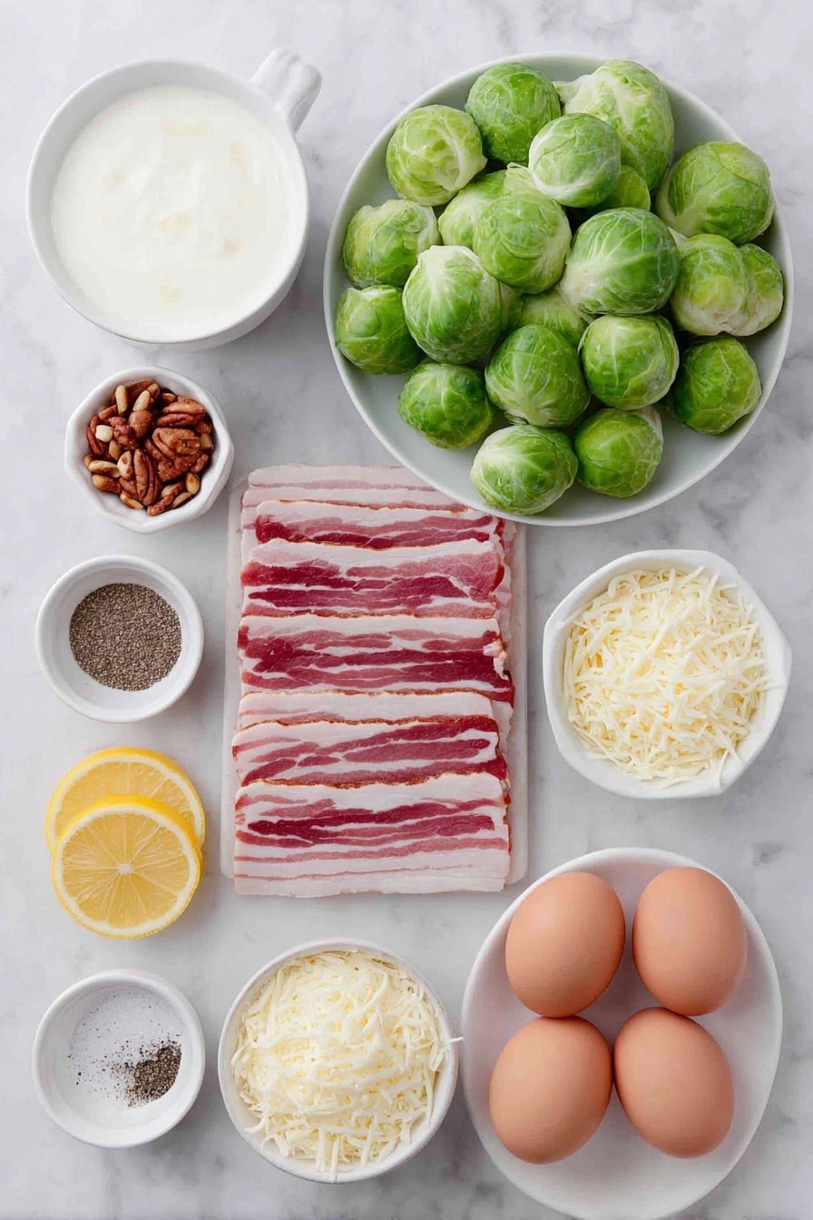 Flat lay of fresh halved Brussels sprouts, six thick slices of raw bacon stacked neatly, a small white bowl of toasted pine nuts, a small white bowl filled with heavy cream, a small white bowl with shredded parmesan cheese, a small white bowl with shredded mozzarella cheese, a whole lemon with a few strips of lemon zest arranged beside it, a small white bowl of ground black pepper, and two whole uncracked brown eggs placed symmetrically on a simple white ceramic surface, placed on a clean white marble surface, soft natural light, photo taken with an iPhone, professional food photography style, fresh ingredients, white ceramic bowls, no bottles, no duplicates, no utensils, no packaging --ar 2:3 --v 7 --p m7354615311229779997 - Cheesy Brussels Sprouts Casserole with Bacon, Brussels Sprouts Bacon Bake, Easy Brussels Sprouts Casserole, holiday Brussels Sprouts Side Dish, cheesy Brussels Sprouts recipe