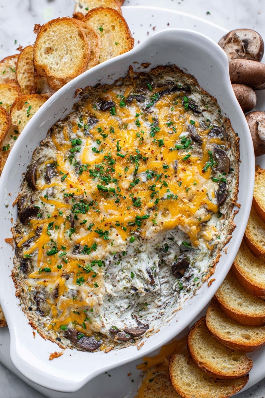 In a white oval dish, a thick dip shows three main layers: the bottom layer is a dark, chunky mushroom mix, topped by a thick creamy white cheese layer, and finished with a light sprinkle of shredded golden-yellow and white cheese melted on top. Fresh green chopped herbs are scattered over the surface, giving a fresh contrast to the creamy texture. One toasted golden-brown baguette slice with melted dip is resting on the right side, slightly dipped into the creamy layers. Surrounding the dish on a white marbled surface are more toasted baguette slices, some stacked, with a few whole mushrooms in the upper right corner. Photo taken with an iphone --ar 2:3 --v 7 - Creamy Mushroom Sausage Dip, mushroom sausage dip, cheesy mushroom sausage appetizer, quick savory dip, crowd-pleasing snack
