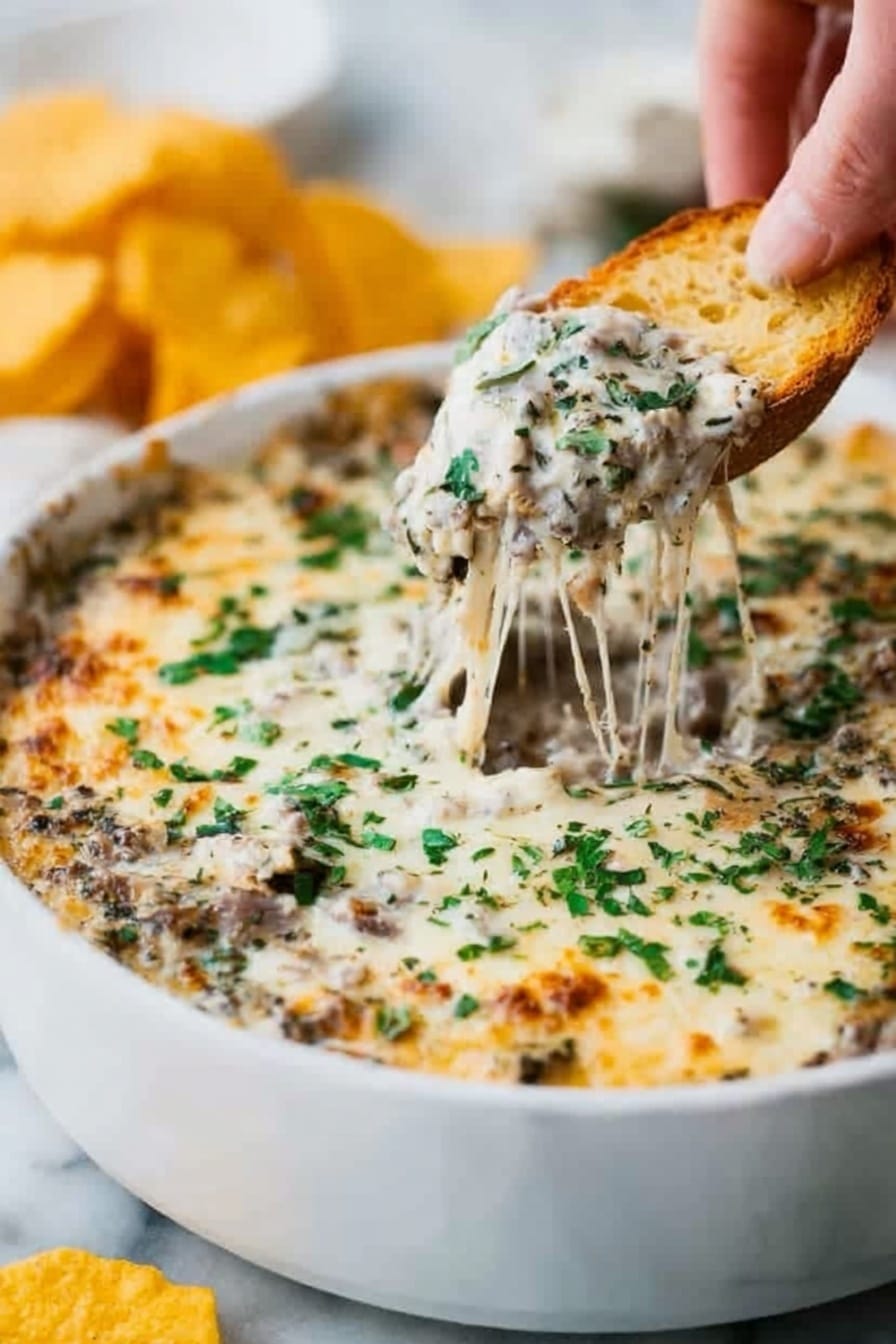 A white bowl filled with a creamy dish topped with melted cheese that is golden brown in places and sprinkled with fresh chopped green herbs. The layer beneath the cheese looks thick and creamy, mixed with small pieces of food, possibly meat and vegetables, all covered in a smooth sauce. A woman's hand is lifting a portion with a chip, showing the cheese stretching in long strings from the bowl. The bowl is placed on a white marbled surface with some yellow chips nearby. Photo taken with an iphone --ar 2:3 --v 7 - Creamy Mushroom Sausage Dip, mushroom sausage dip, cheesy mushroom sausage appetizer, quick savory dip, crowd-pleasing snack