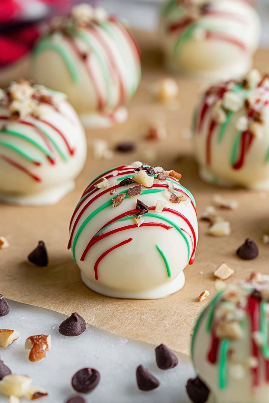 A white bowl lined with light brown parchment paper is filled with round dessert balls coated in smooth white chocolate. Each ball is decorated with thin, drizzled lines of red and green chocolate that cross over the surface in a random pattern. The bowl sits on a white marbled surface with a softly blurred background featuring warm white bokeh lights and a green fabric in the distance. photo taken with an iphone --ar 2:3 --v 7 - Chocolate Almond Truffles, chocolate almond candies, easy homemade truffles, decadent chocolate treats, almond chocolate confections