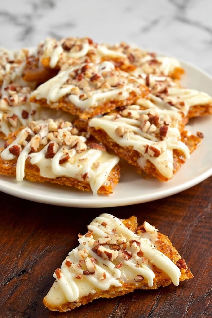 The dish shows several pieces of crispy crackers topped with a smooth white layer of frosting or icing, scattered with small pieces of brown pecans. The crackers are light golden brown, with the white frosting drizzled and spread over them unevenly. The pecan pieces add rough texture and a darker brown color on top. The crackers are arranged close together on a simple white plate, set against a white marbled surface. photo taken with an iphone --ar 2:3 --v 7 - White Chocolate Pecan Toffee, White Chocolate Pecan Toffee Recipe, Easy Toffee with White Chocolate and Pecans, Salted Toffee Bars, Holiday Toffee Treats