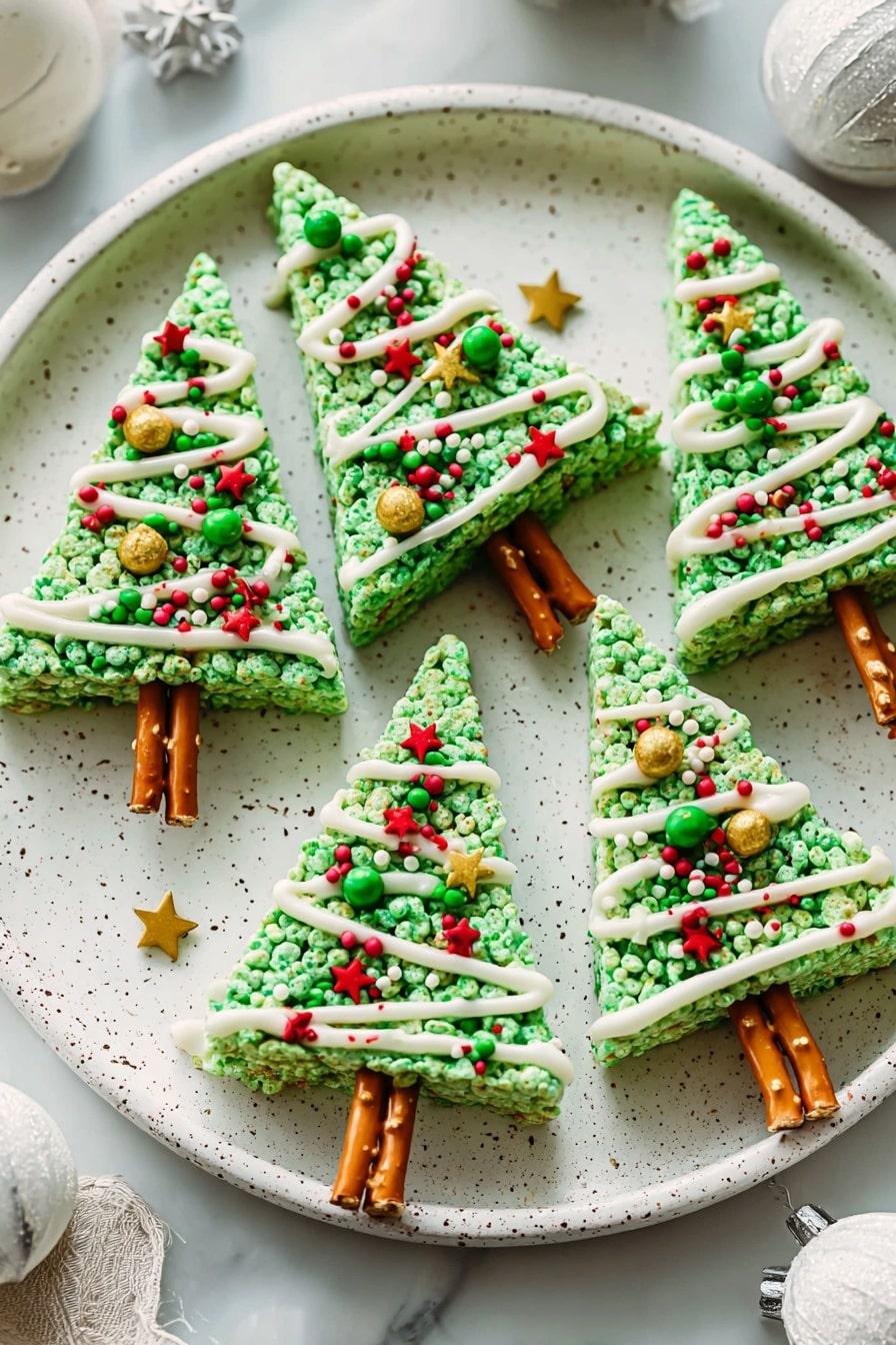 There are five green triangular treats shaped like Christmas trees arranged on a white speckled plate with a slightly uneven edge. Each triangle is made from a textured green cereal mix forming the tree shape, decorated with a drizzle of white icing in a zigzag pattern across the tree. Red, green, and gold sprinkles, including stars and small round balls, scatter over the top, adding color and festive detail. At the bottom, each triangle has a short brown pretzel stick acting as the tree trunk. The plate sits on a white marbled surface, and some decorative white and silver holiday ornaments are partially visible around the edges. photo taken with an iphone --ar 2:3 --v 7 - Christmas Tree Rice Krispie Treats, Festive Rice Krispie treats, Christmas dessert ideas, holiday treats for kids, easy Christmas snacks