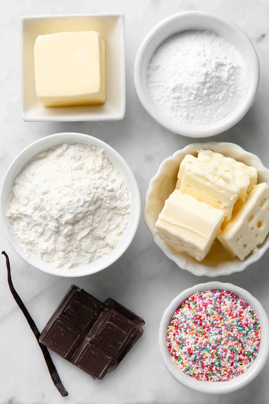 Flat lay of a small square of unsalted butter, a small white ceramic bowl of powdered sugar, a vanilla bean pod with a few scraped seeds beside it, a small white ceramic bowl filled with all-purpose flour, a small white ceramic bowl with kosher salt, a small white ceramic bowl with melted white chocolate wafers, and a small white ceramic bowl of colorful holiday sprinkles, all arranged in perfect symmetry on a clean white marble surface, soft natural light, photo taken with an iPhone, professional food photography style, fresh ingredients, white ceramic bowls, no bottles, no duplicates, no utensils, no packaging --ar 2:3 --v 7 --p m7354615311229779997 - Festive White Chocolate Shortbread Cookies, White Chocolate Shortbread Cookies, Holiday Shortbread Cookies, Easy Shortbread Cookies, Christmas Cookies