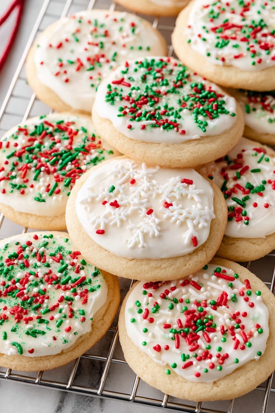 A single round sugar cookie sits on a silver wire cooling rack over a white marbled surface. The cookie has one thick base layer of light golden brown with a soft texture. On top is a smooth layer of white frosting, spread evenly but slightly thick. Sprinkled generously on the frosting are red, green, and white small rod-shaped and flat sprinkles scattered all over. In the background, other similar cookies lie on the wire rack and a white bowl filled with more red, green, and white sprinkles is partially visible. The scene has a soft, warm light. photo taken with an iphone --ar 2:3 --v 7 - Festive White Chocolate Shortbread Cookies, White Chocolate Shortbread Cookies, Holiday Shortbread Cookies, Easy Shortbread Cookies, Christmas Cookies