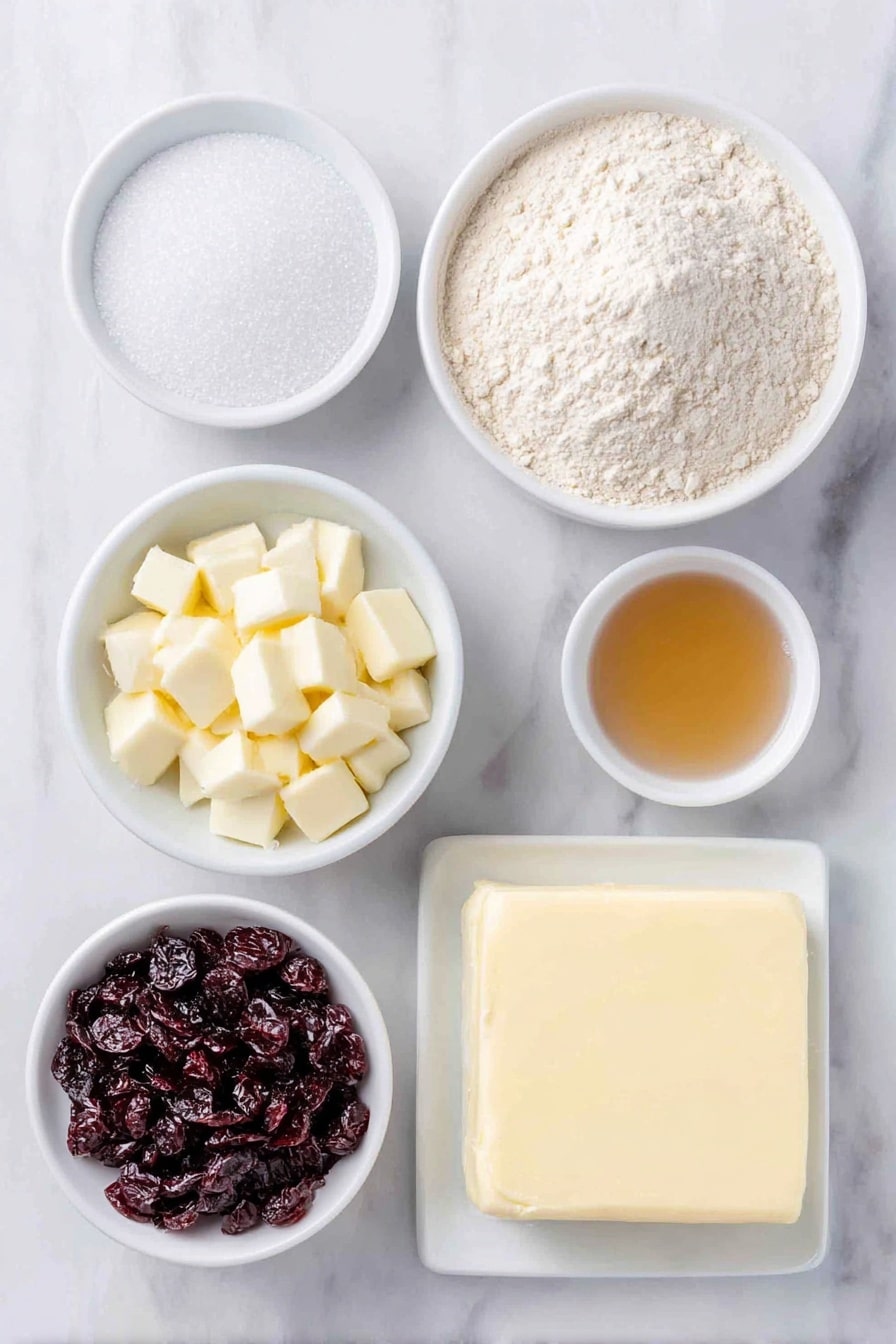 Flat lay of a large square of unsalted butter, a small white ceramic bowl filled with fine powdered sugar, a small white ceramic bowl with clear vanilla extract, a simple white ceramic bowl holding all-purpose flour, a handful of plump dried cranberries (Craisins), a small white ceramic bowl containing melted white chocolate, and a small white ceramic bowl with sparkling white sanding sugar, all arranged in perfect symmetry on a clean white marble surface, soft natural light, photo taken with an iPhone, professional food photography style, fresh ingredients, white ceramic bowls, no bottles, no duplicates, no utensils, no packaging --ar 2:3 --v 7 --p m7354615311229779997 - Cranberry White Chocolate Shortbread Bars, cranberry shortbread bars, white chocolate cranberry dessert, tart and sweet holiday treat, easy shortbread bars
