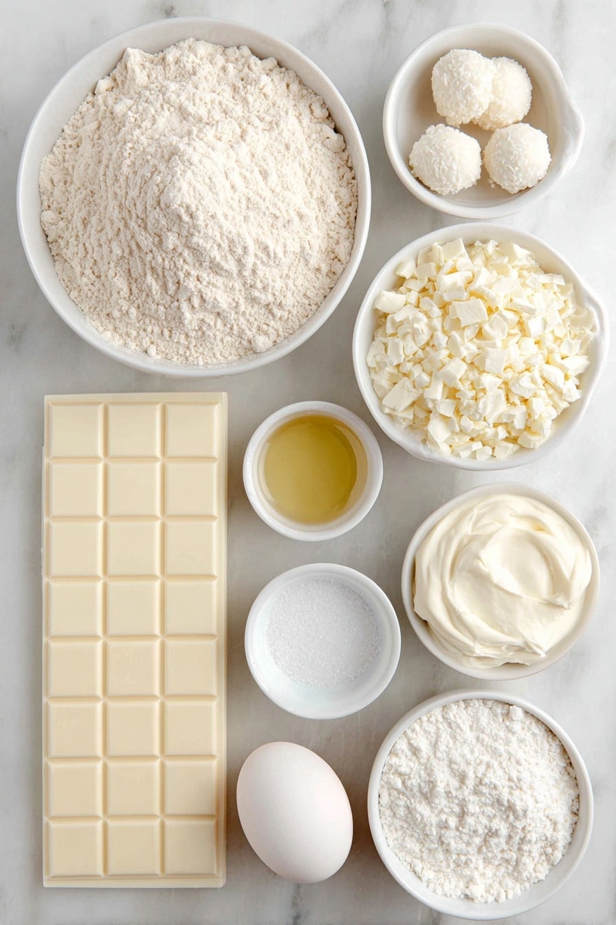 Flat lay of a small mound of all-purpose flour, a teaspoon of baking powder in a small white bowl, a small white bowl of salt, a few tablespoons of unsalted butter shaped into a neat pat, a small white bowl of light golden canola oil, a small white bowl filled with white granulated sugar, a small white bowl of pure vanilla extract, a small white bowl of thick sour cream, two large whole eggs with clean shells, a small white bowl of creamy buttermilk, a dozen smooth white chocolate truffles arranged neatly, a block of slightly melted white chocolate, a small white bowl filled with powdered sugar, a few tablespoons of slightly cold unsalted butter, a small white bowl of heavy cream, and a small white bowl of fine salt placed on a clean white marble surface, soft natural light, photo taken with an iPhone, professional food photography style, fresh ingredients, white ceramic bowls, no bottles, no duplicates, no utensils, no packaging --ar 2:3 --v 7 --p m7354615311229779997 - White Chocolate Cupcakes, White Chocolate Cupcakes Recipe, Moist White Chocolate Cupcakes, Easy White Chocolate Cupcakes, Best White Chocolate Cupcakes